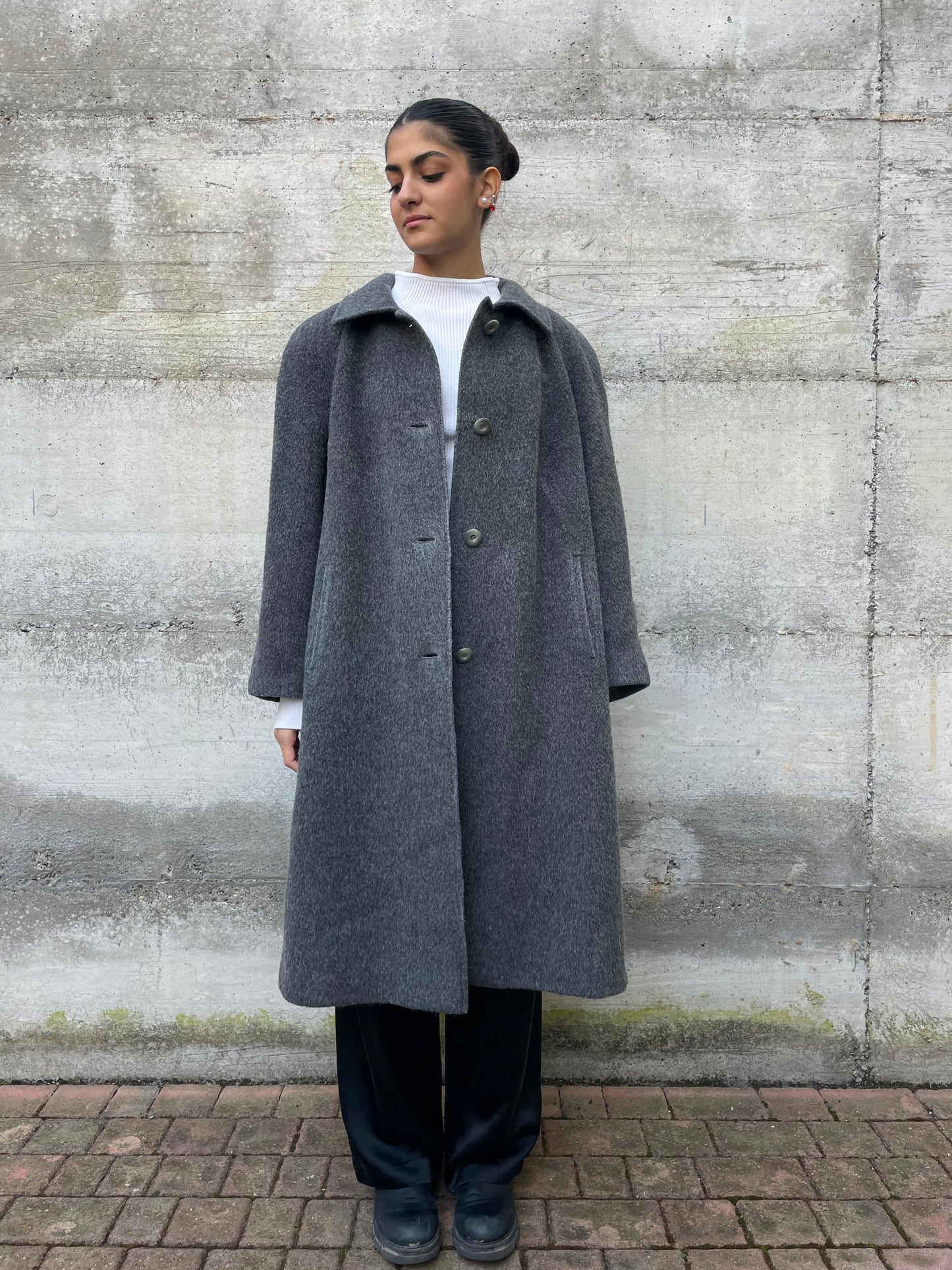 Cappotto sartoriale lungo monopetto, in misto lana e alpaca