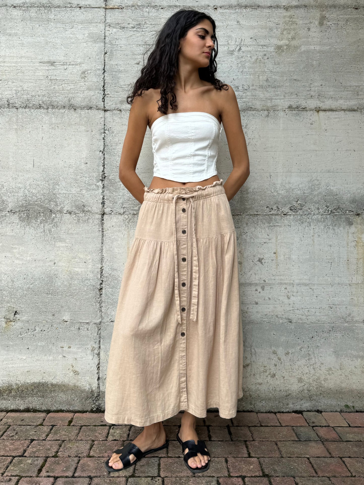 Gonna midi beige in misto lino e cotone, taglia M