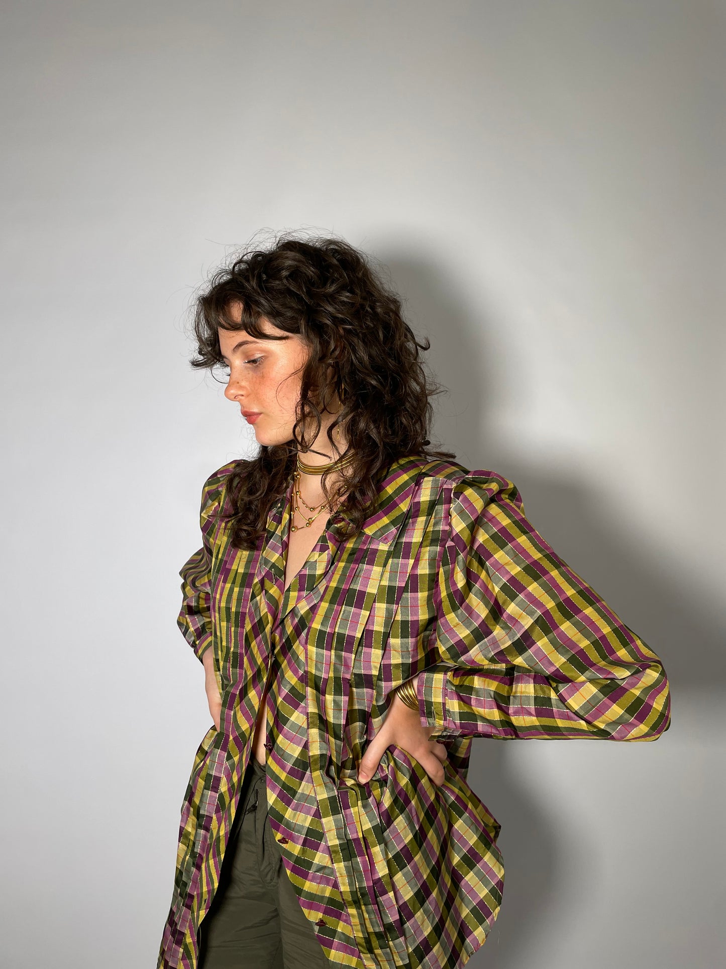 Blusa tartan con balze e filo di lurex - taglia 44