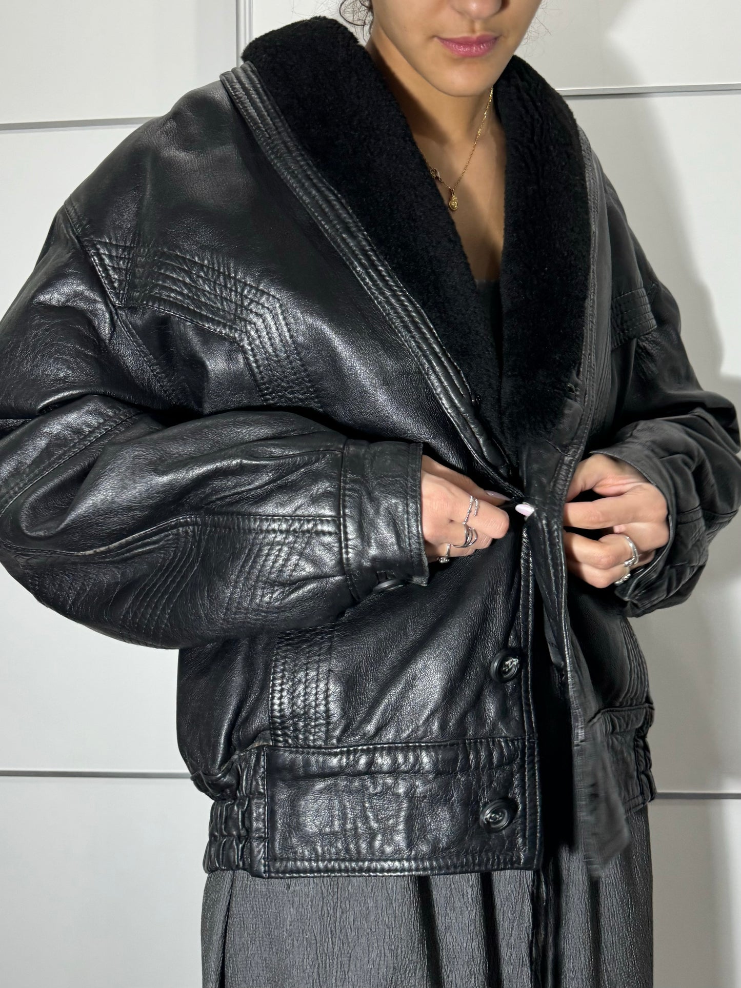 Bomber in vera pelle trapuntato con rever in montone, taglia 48it uomo