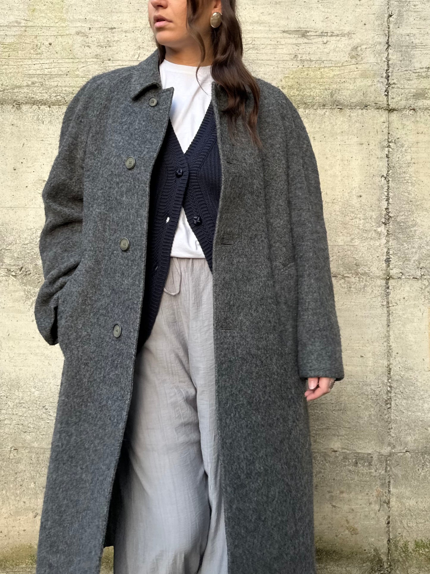 Cappotto lungo sartoriale grigio in misto lana e alpaca