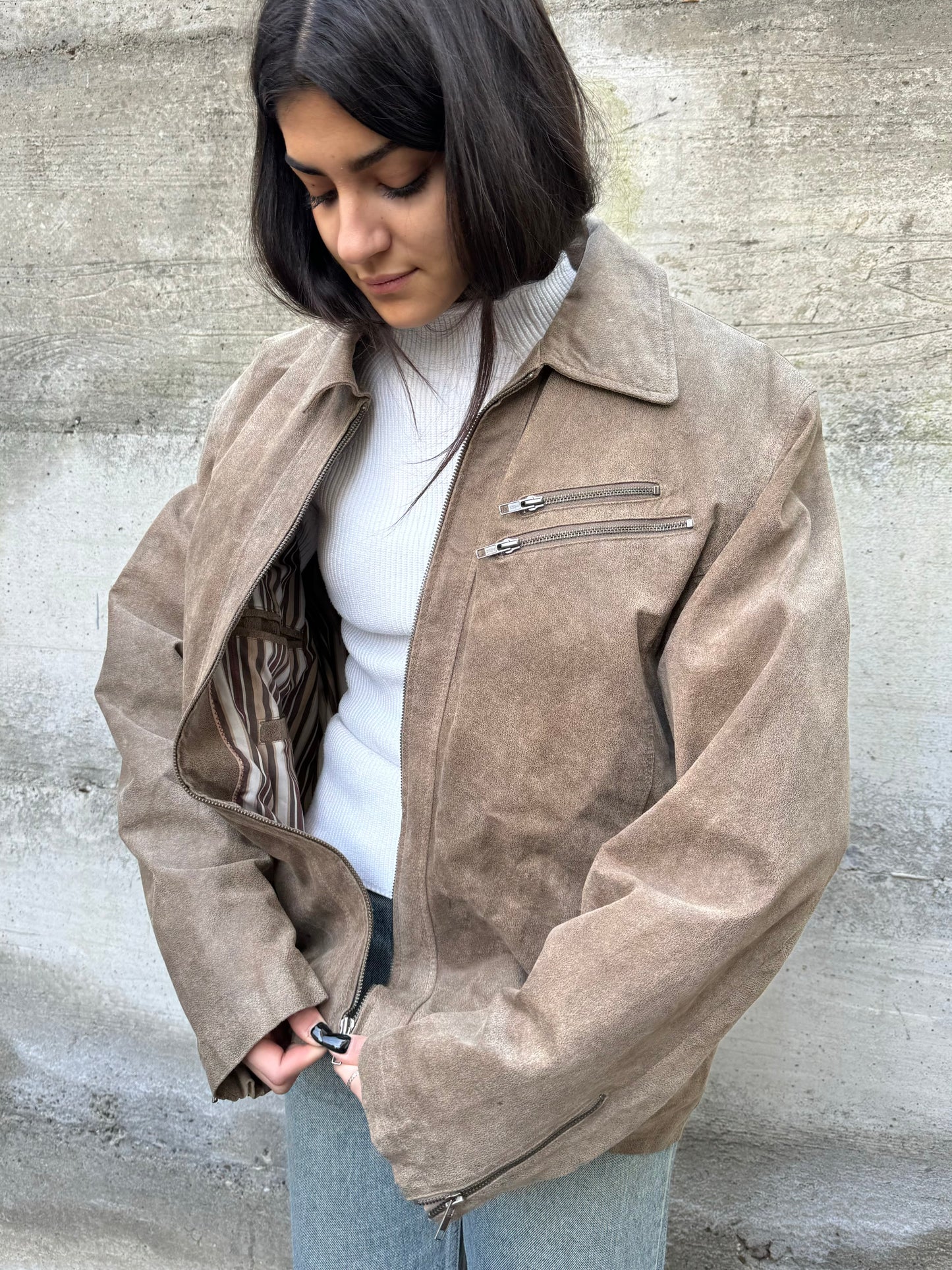 Biker in crosta di nappa beige effetto used