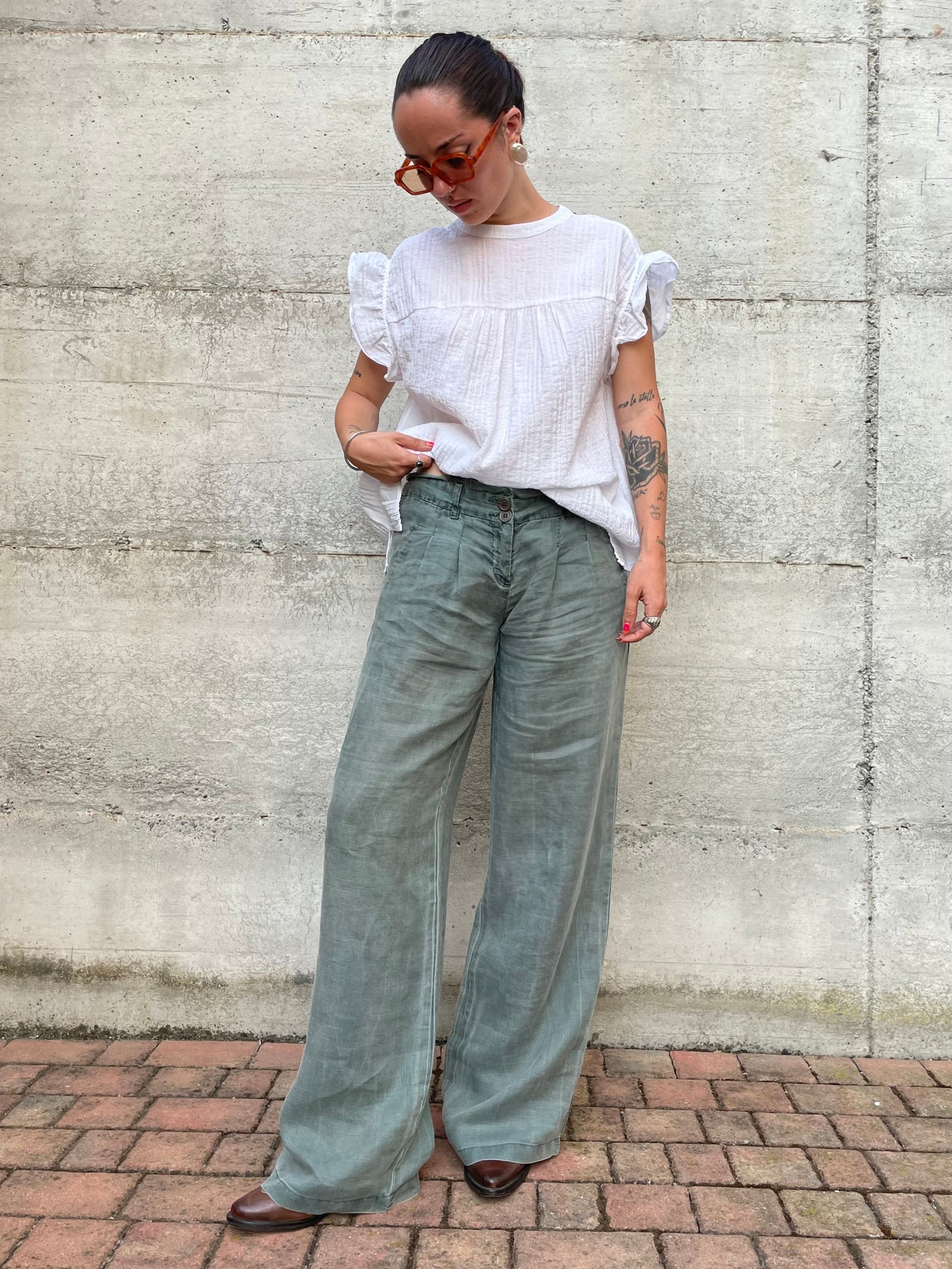 Pantapalazzo verde salvia 100% ramiè, taglia M