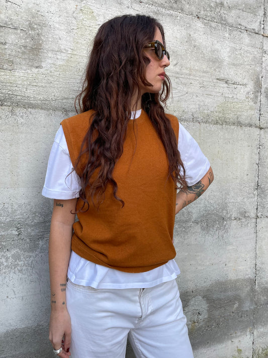 Gilet girocollo ruggine Benetton in misto lana e angora