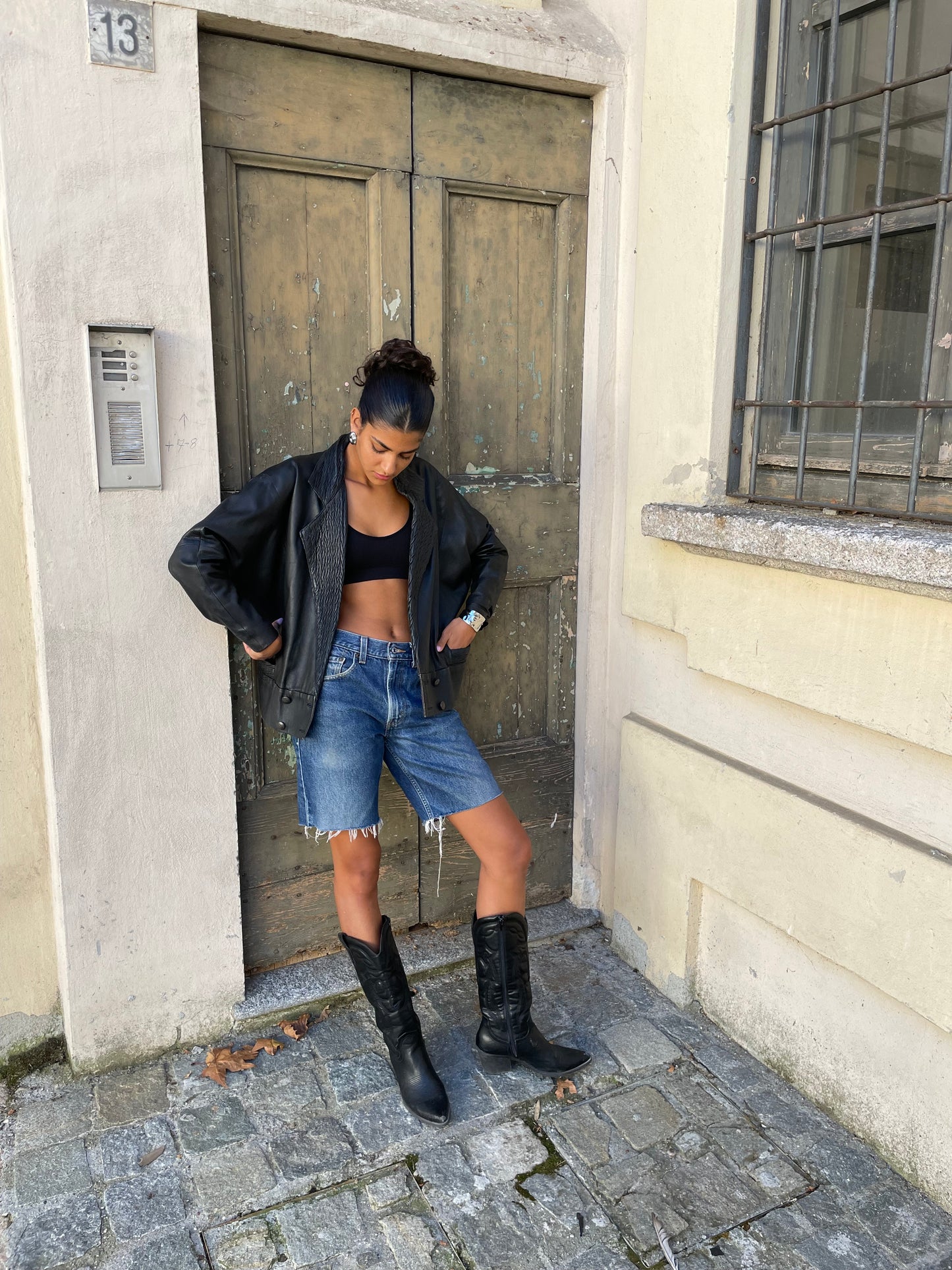 Giacca in nappa nera lavorata, vera pelle, taglia M donna