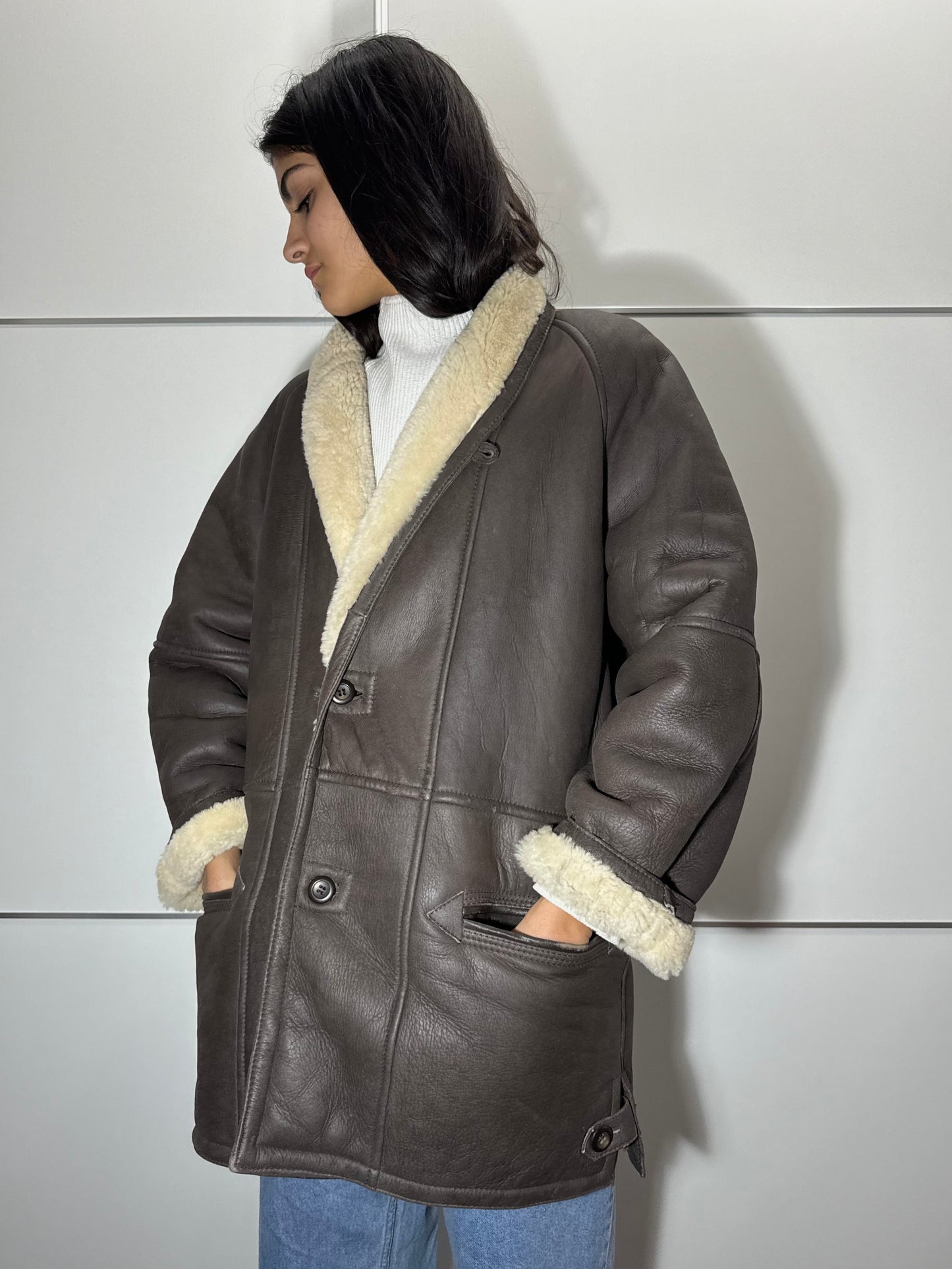 Montone originale Shearling in pelle testa di moro, taglia M uomo