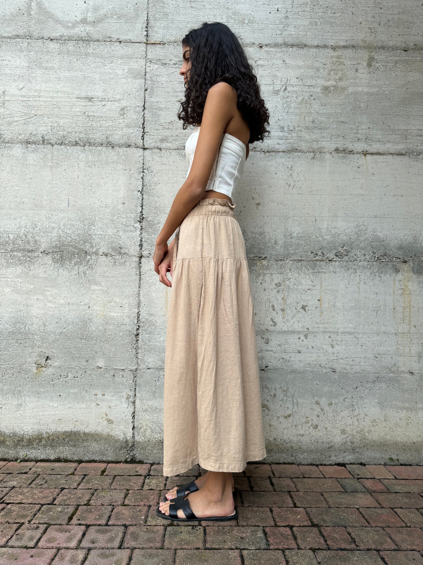 Gonna midi beige in misto lino e cotone, taglia M