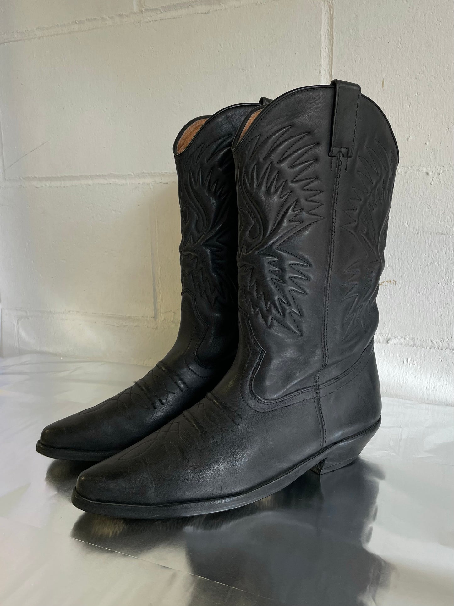 EU 38.5/39 - Texano vintage al polpaccio in vera pelle nero