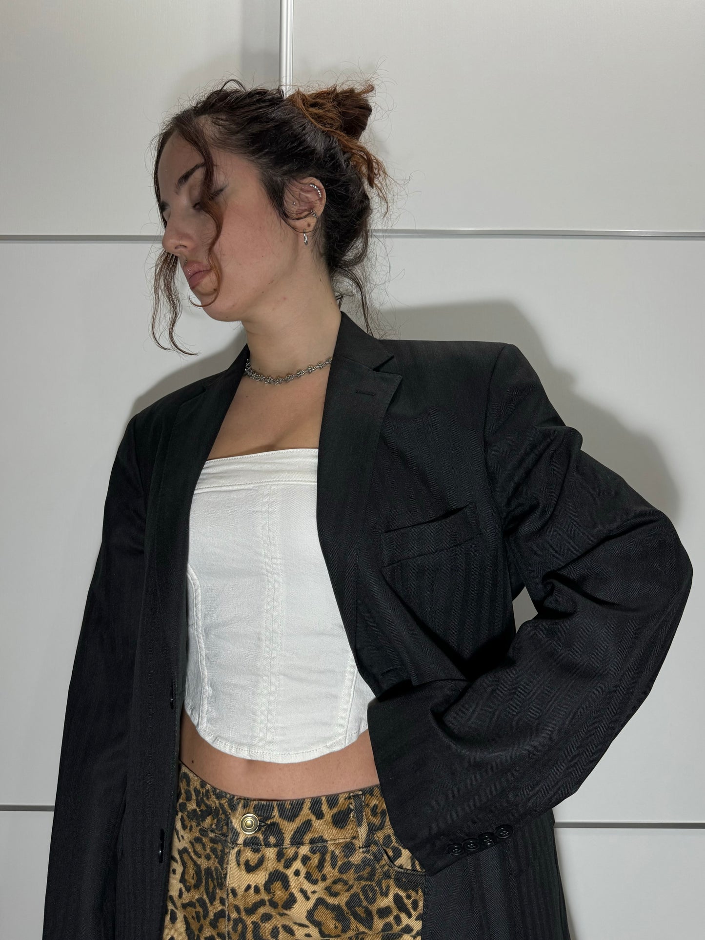 Blazer sartoriale oversize nero gessato, 100% lana