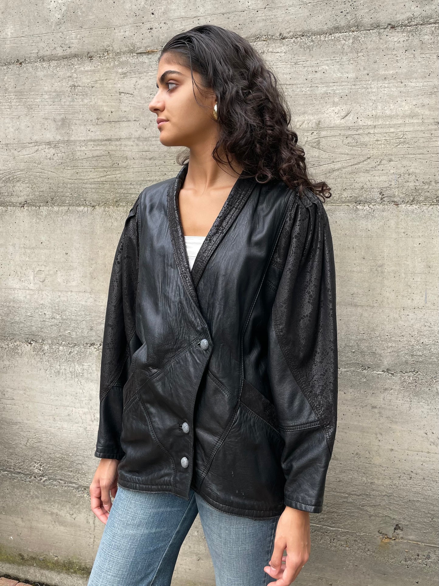 Giacca 80s lavorata in vera pelle nera - taglia M