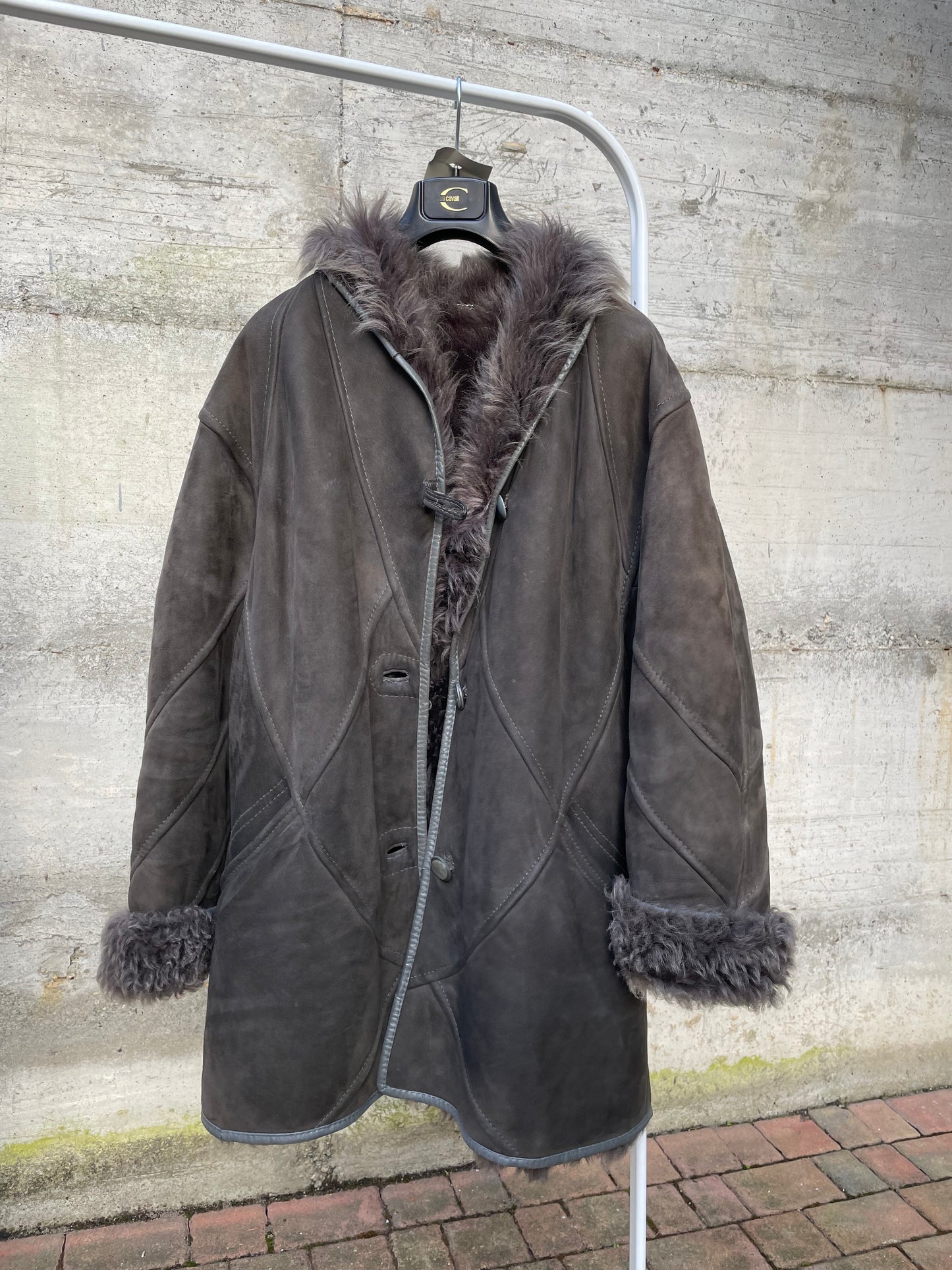 Montone originale Shearling a pelo lungo grigio topo