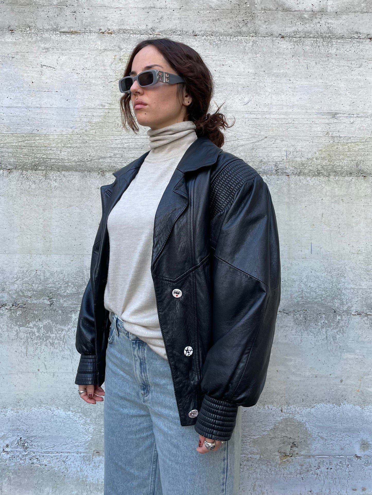 Bomber 80s lavorato in vera pelle nero