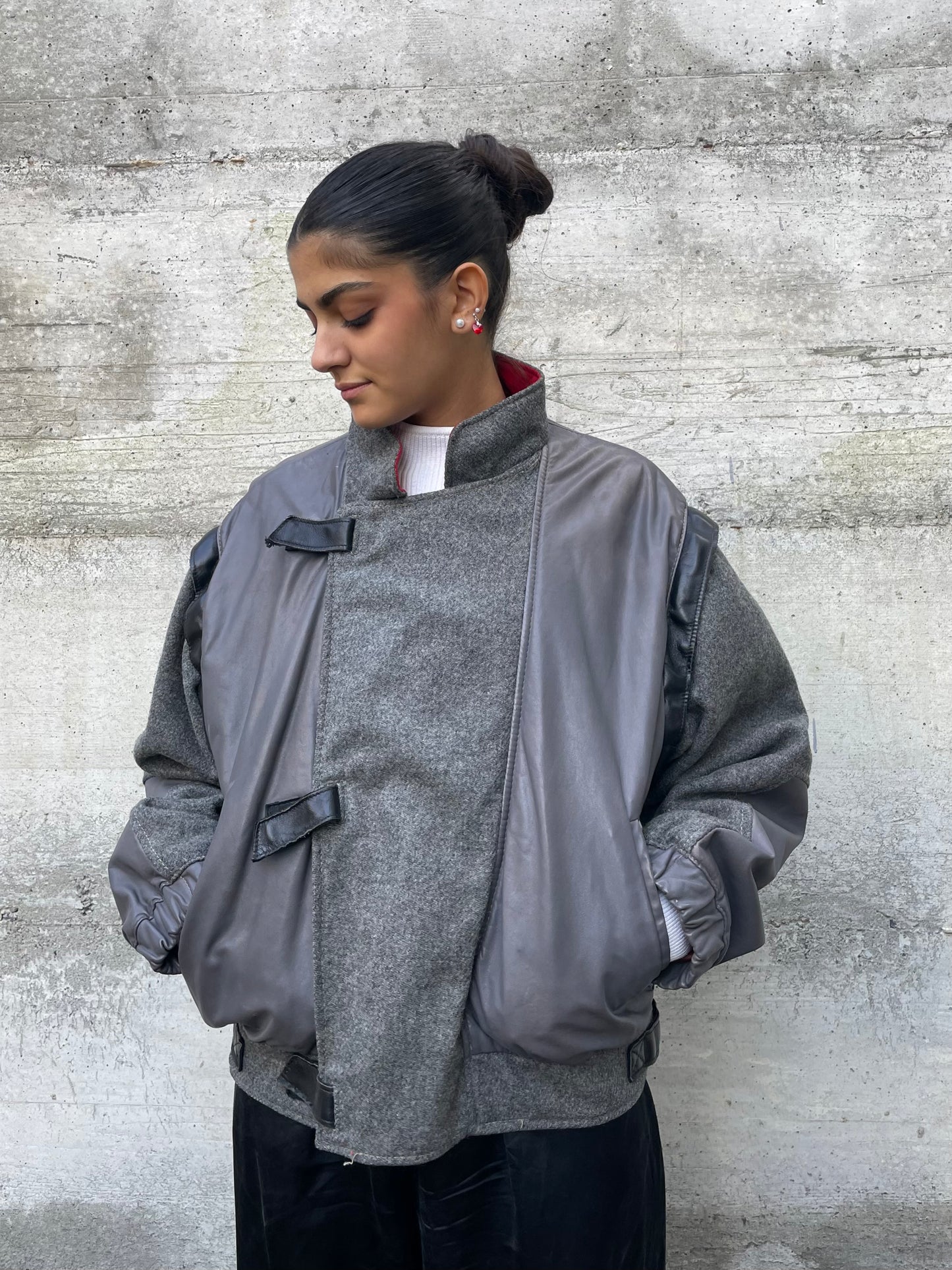 Bomber smanicabile in vera pelle e lana, Primigi 90s