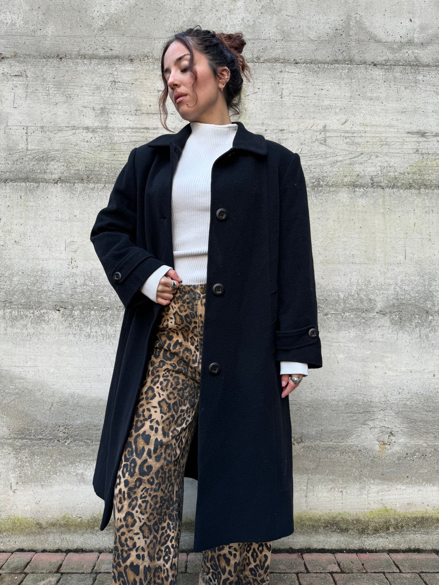 Cappotto sartoriale donna monopetto nero, in misto lana e cashmere