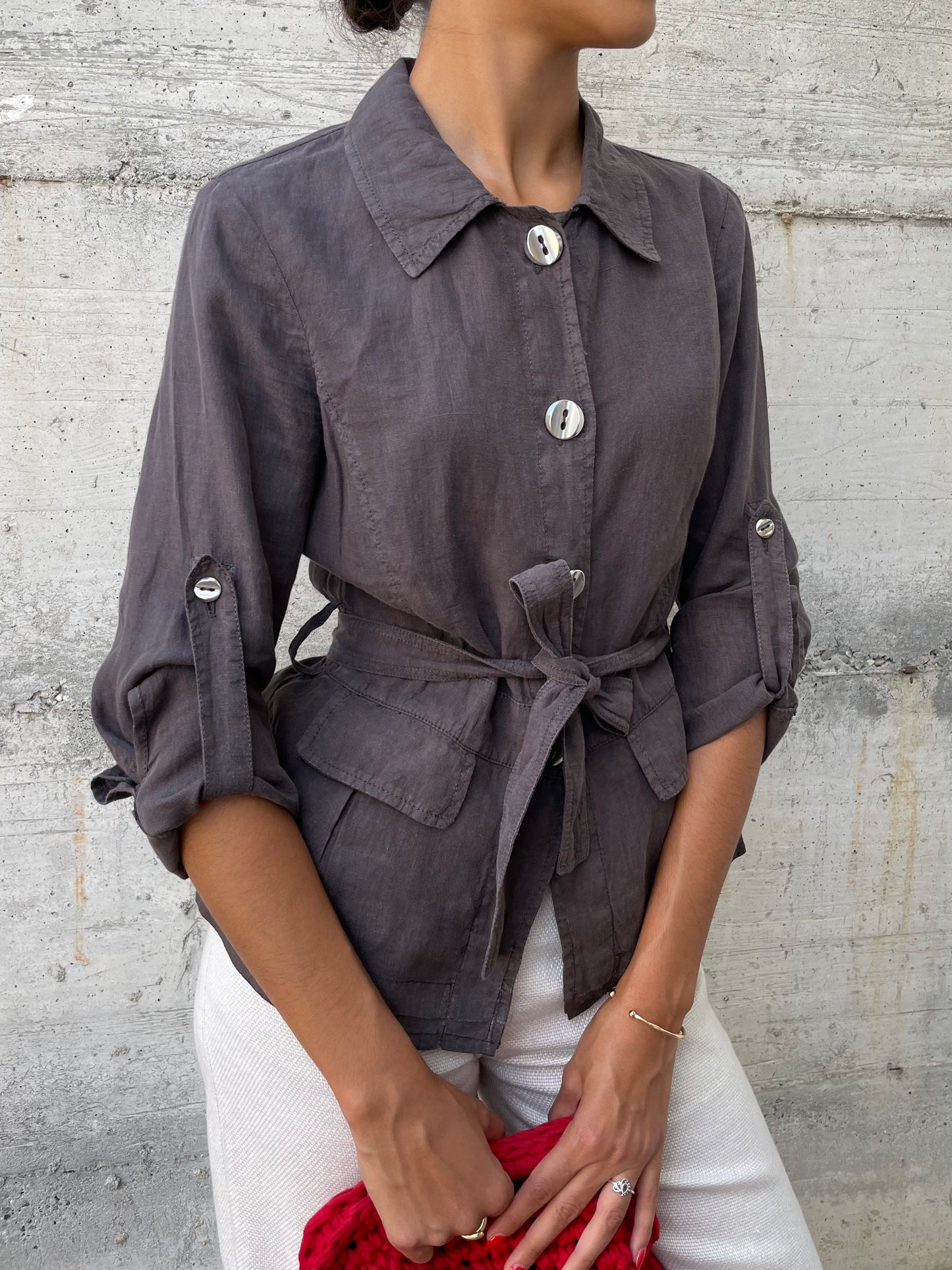 Camicia Marella cargo marrone 100% lino - taglia S/M