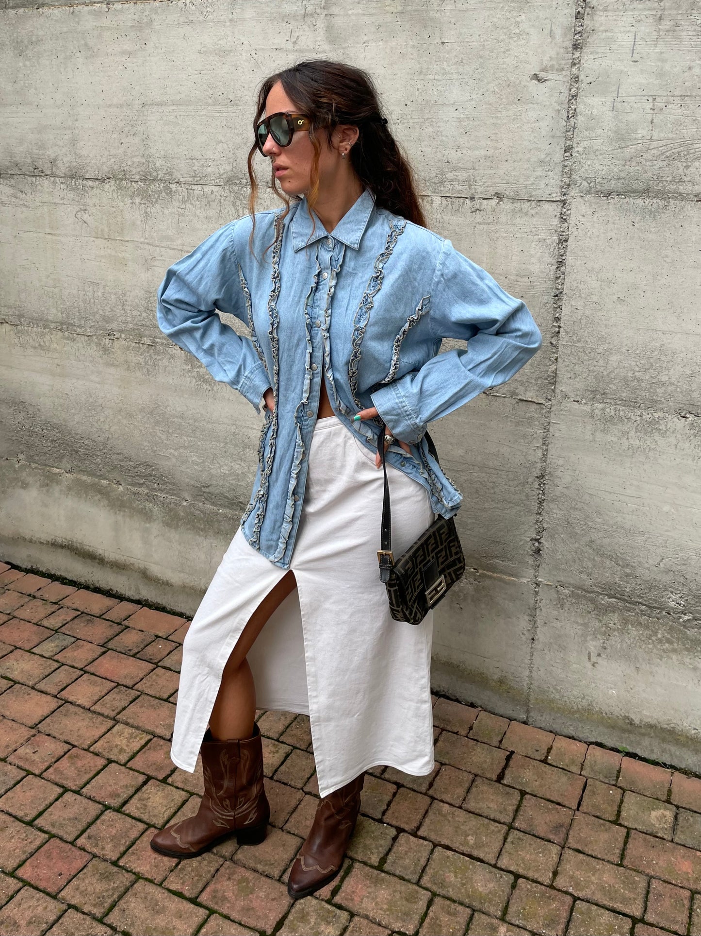 Camicia denim lavaggio chiaro, rouges frontali - taglia M