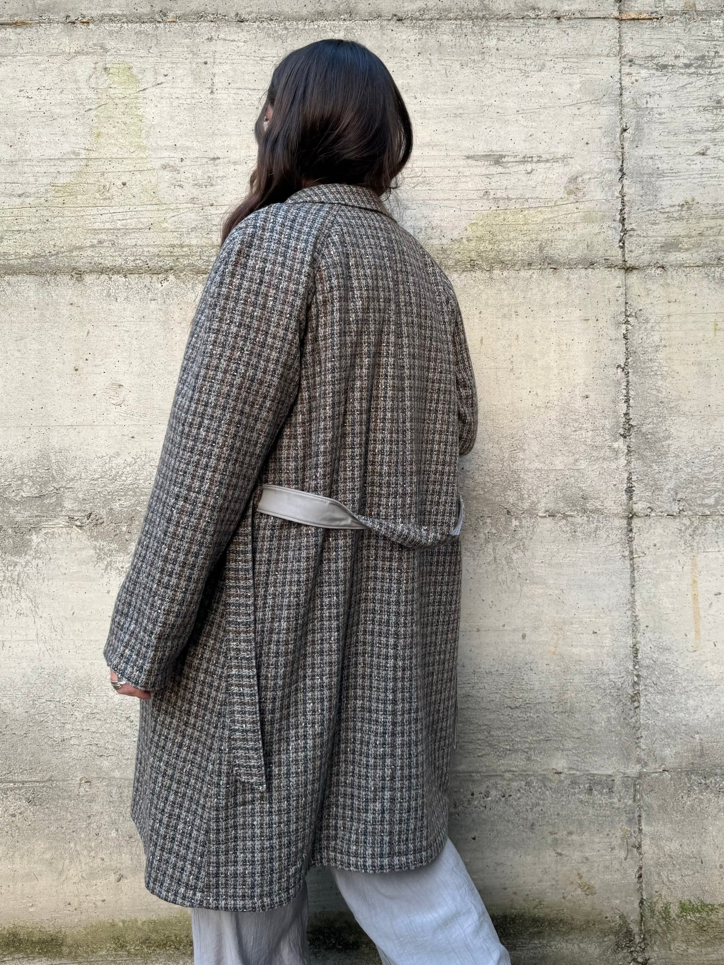 Trenchcoat reversibile monopetto con cintura, lato esterno in lana, lato interno misto cotone