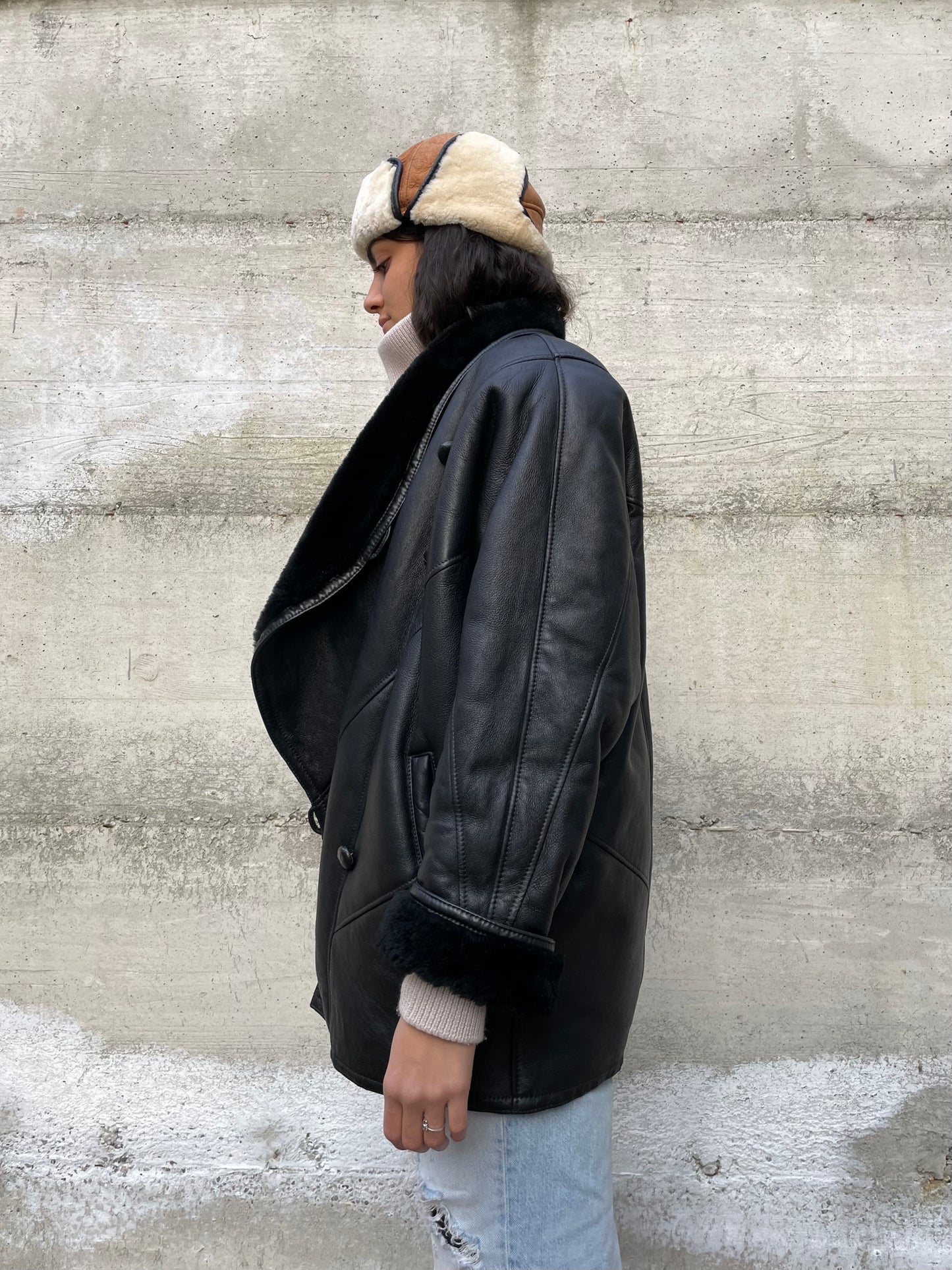 Montone donna originale Shearling 80s, esterno in pelle e interno a pelo raso, in rara taglia piccola