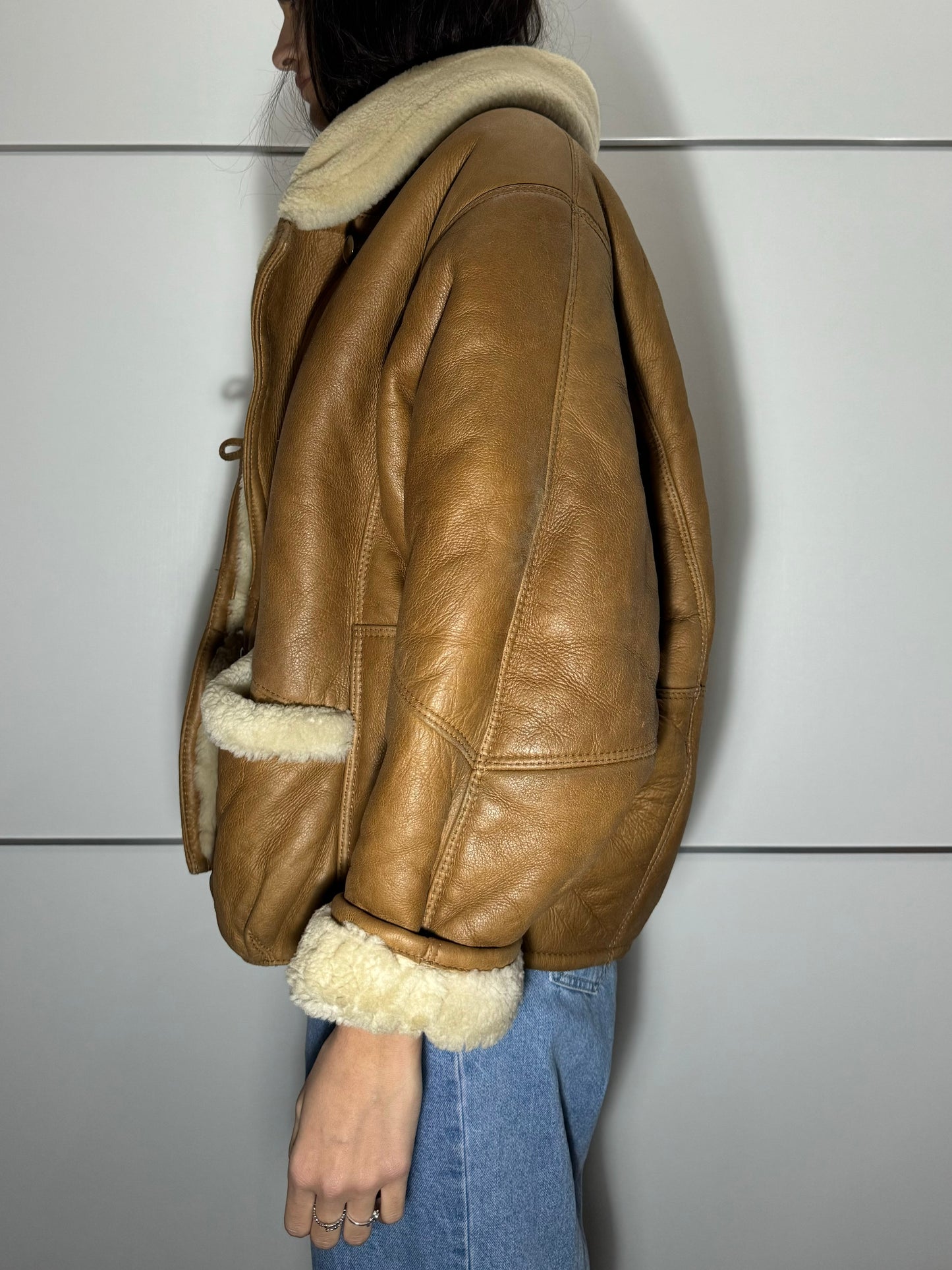 Montone aviator originale Shearling in pelle caramello, rara taglia piccola da donna