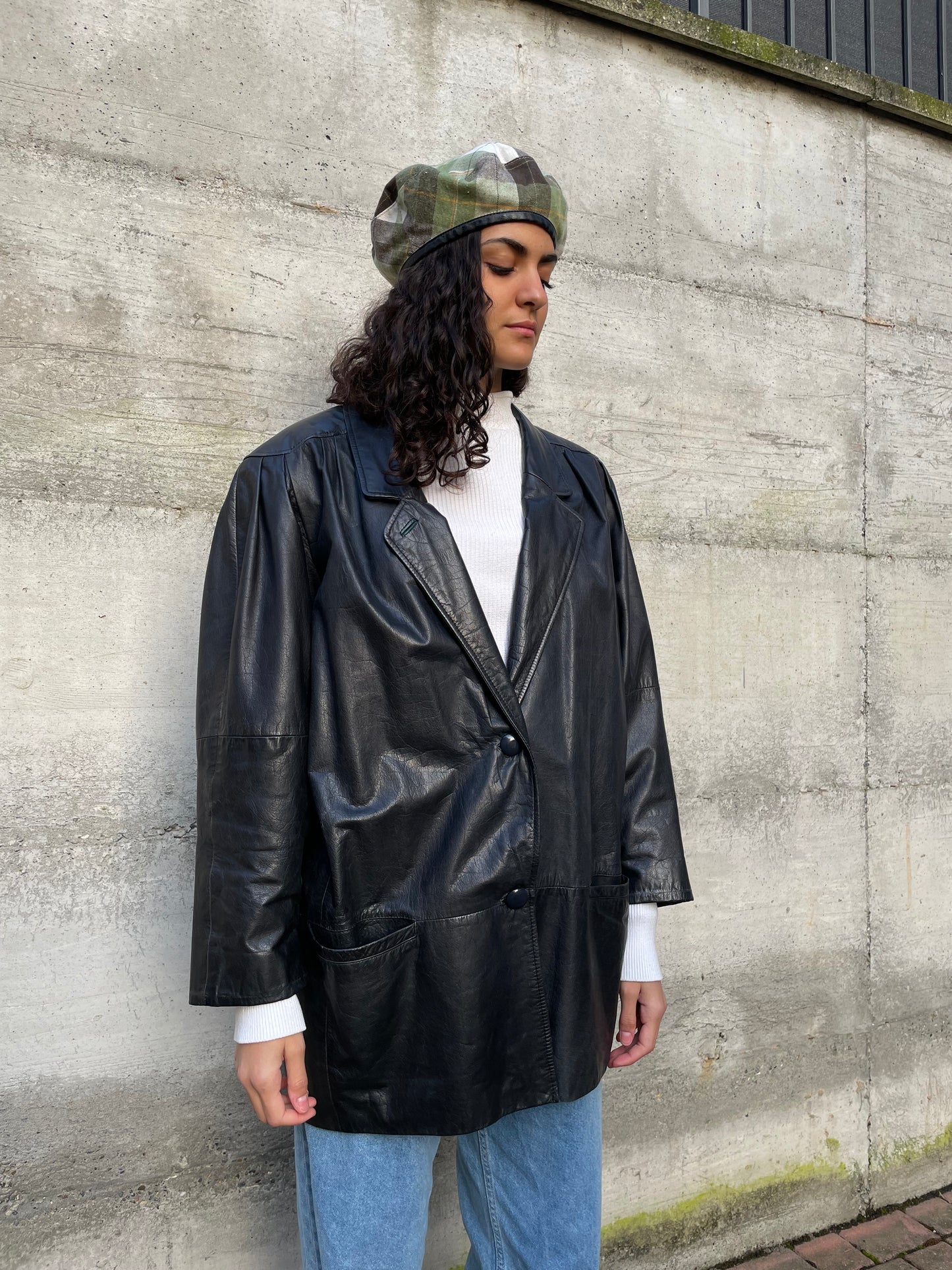 Giacca vera pelle nera 80s liscia