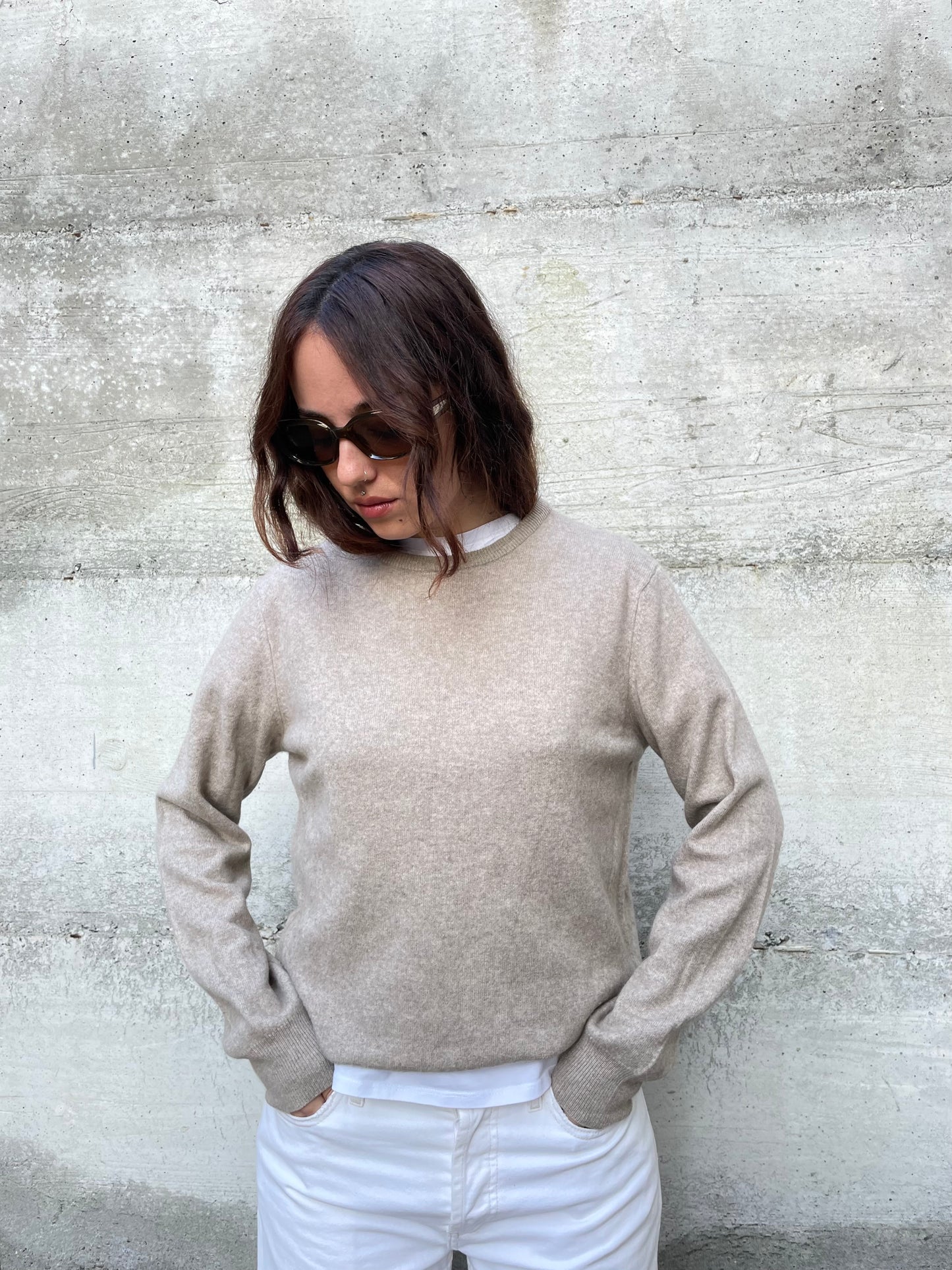 Maglioncino girocollo sabbia 100% cashmere