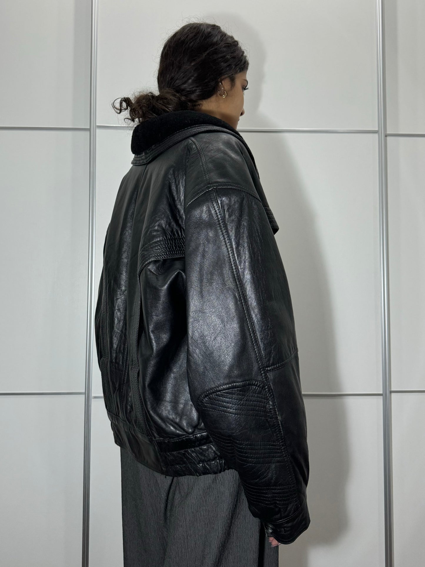 Bomber in vera pelle trapuntato con rever in montone, taglia 48it uomo