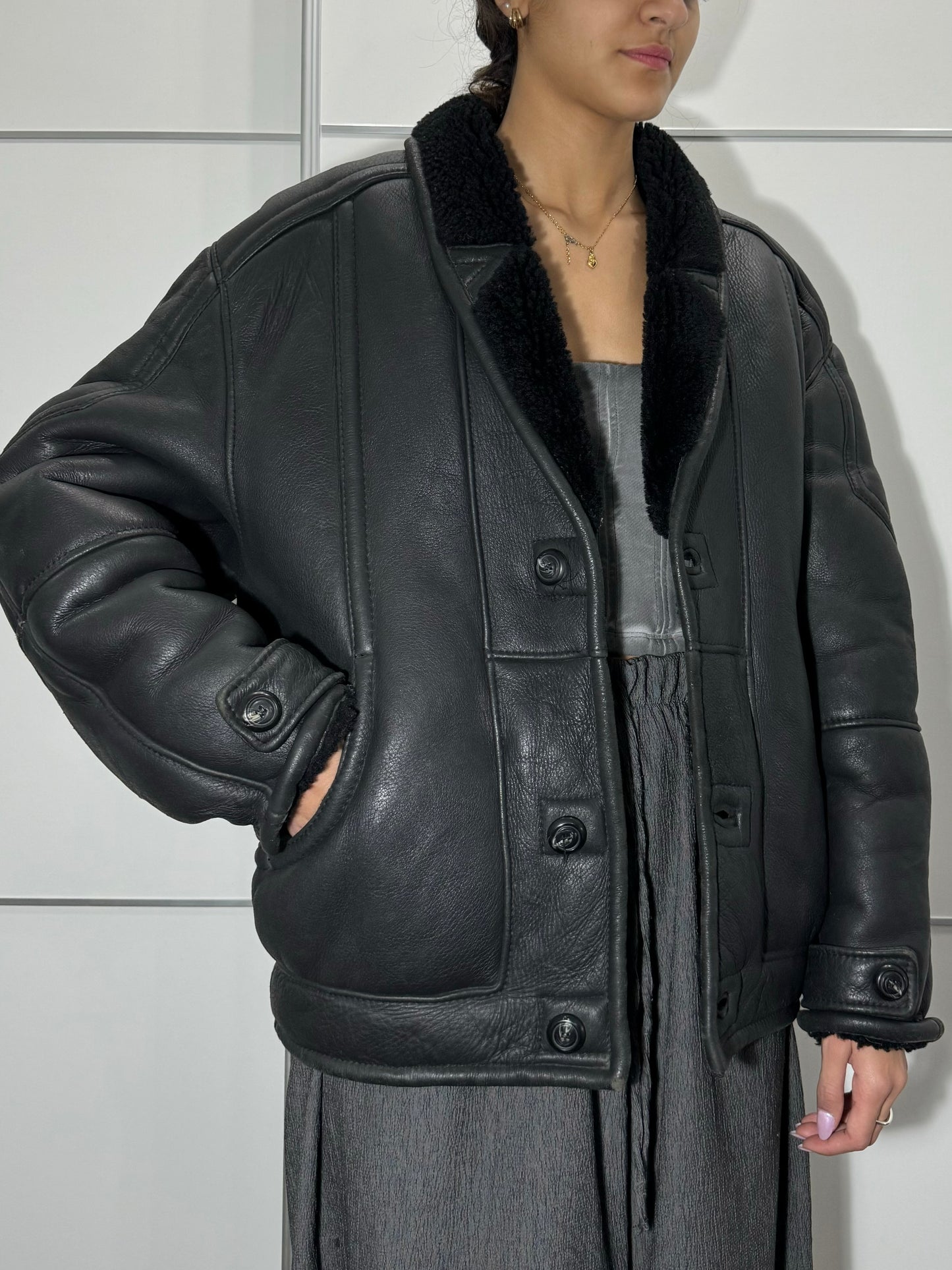Bomber in montone Shearling nero, taglia 48it uomo