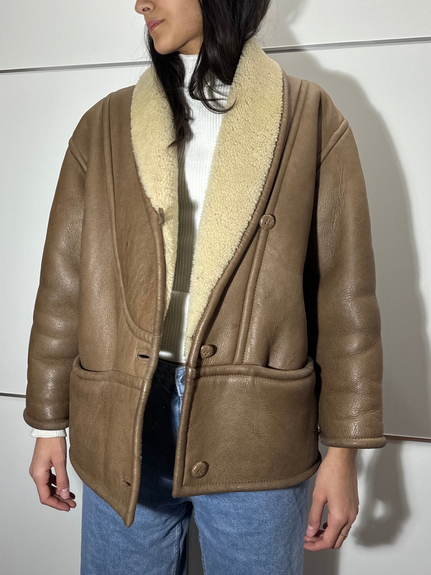 Montone originale Shearling in pelle nocciola, rara taglia piccola da donna