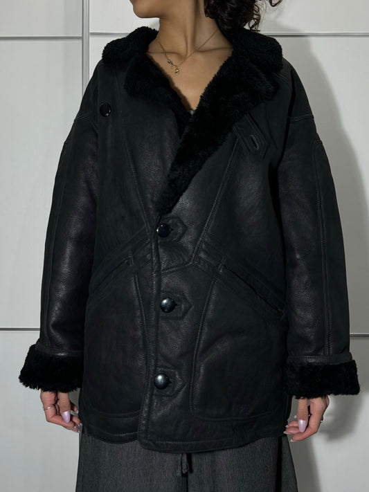 Montone Shearling in pelle nero, taglia 48it uomo