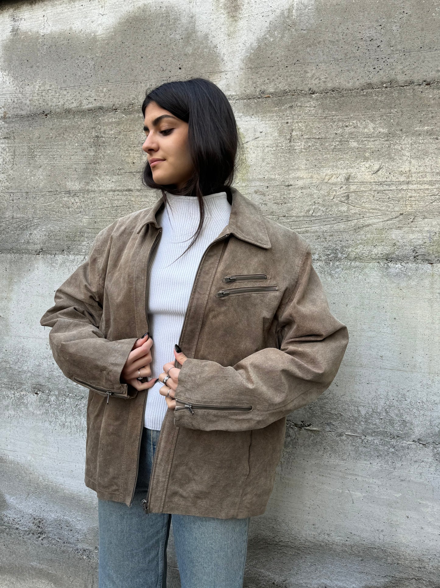 Biker in crosta di nappa beige effetto used