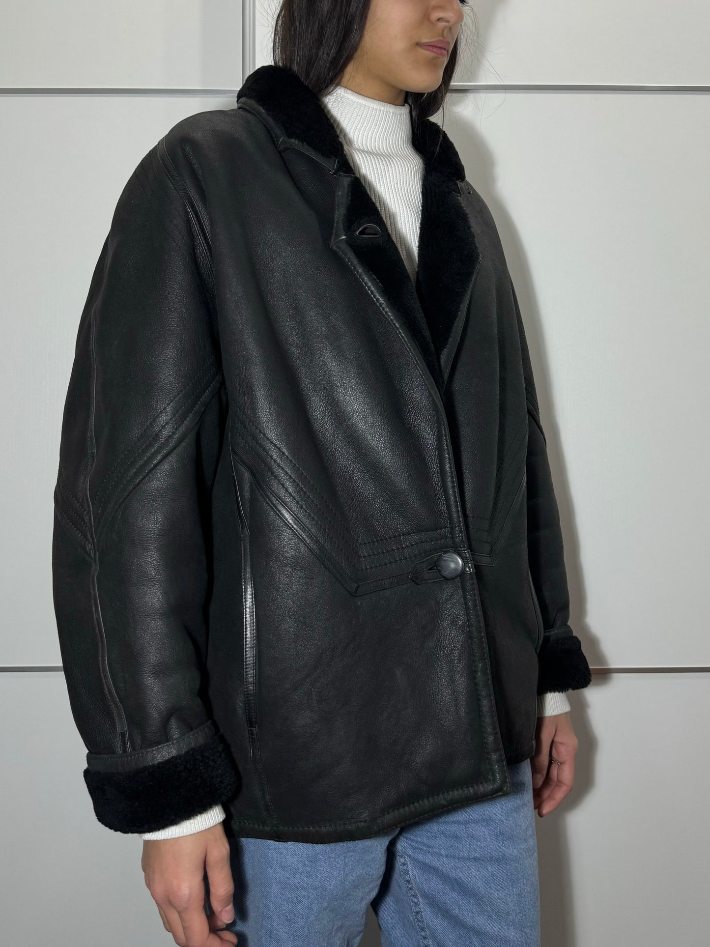 Montone originale Shearling in pelle nero, rara taglia piccola da donna