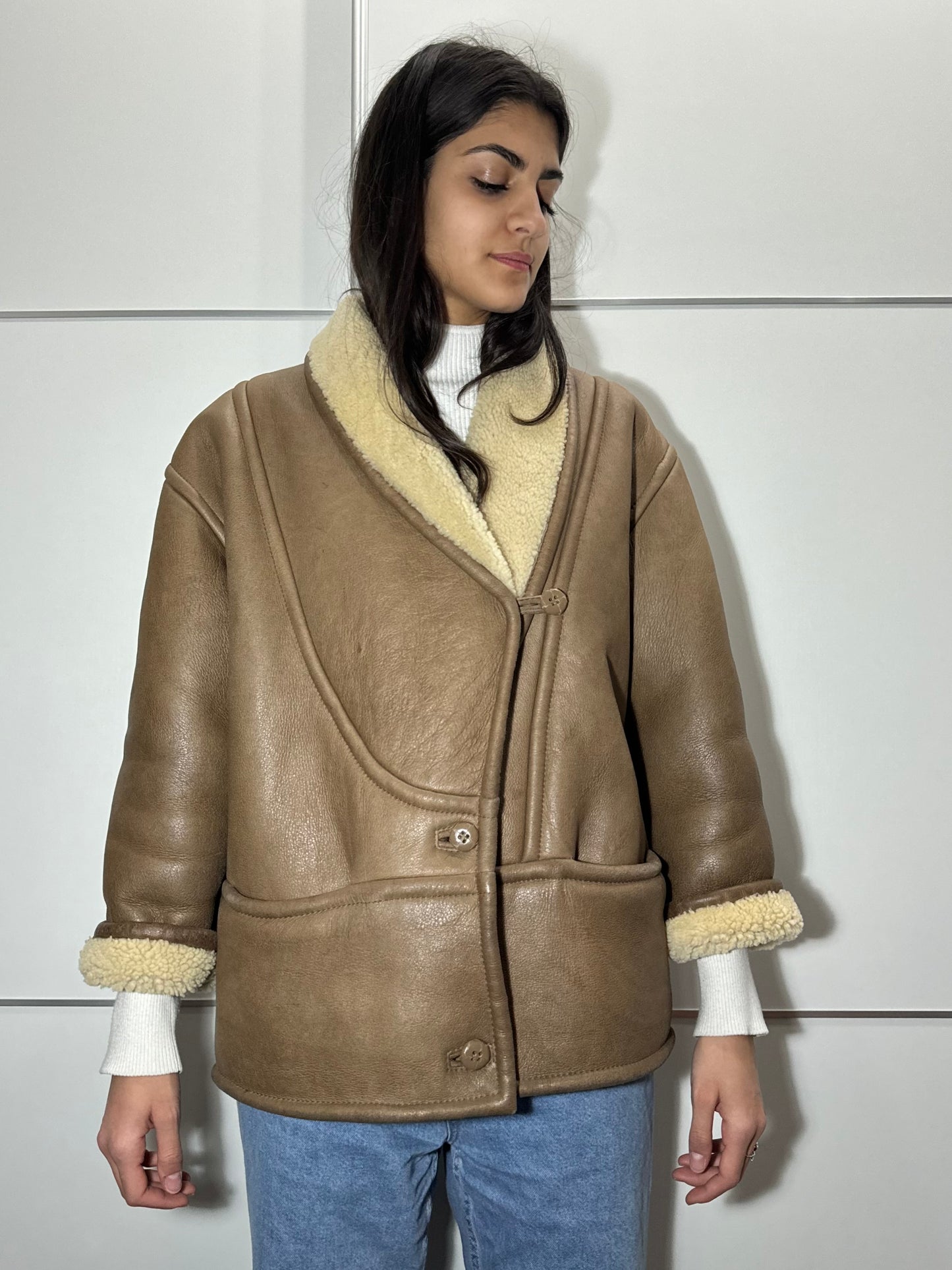 Montone originale Shearling in pelle nocciola, rara taglia piccola da donna