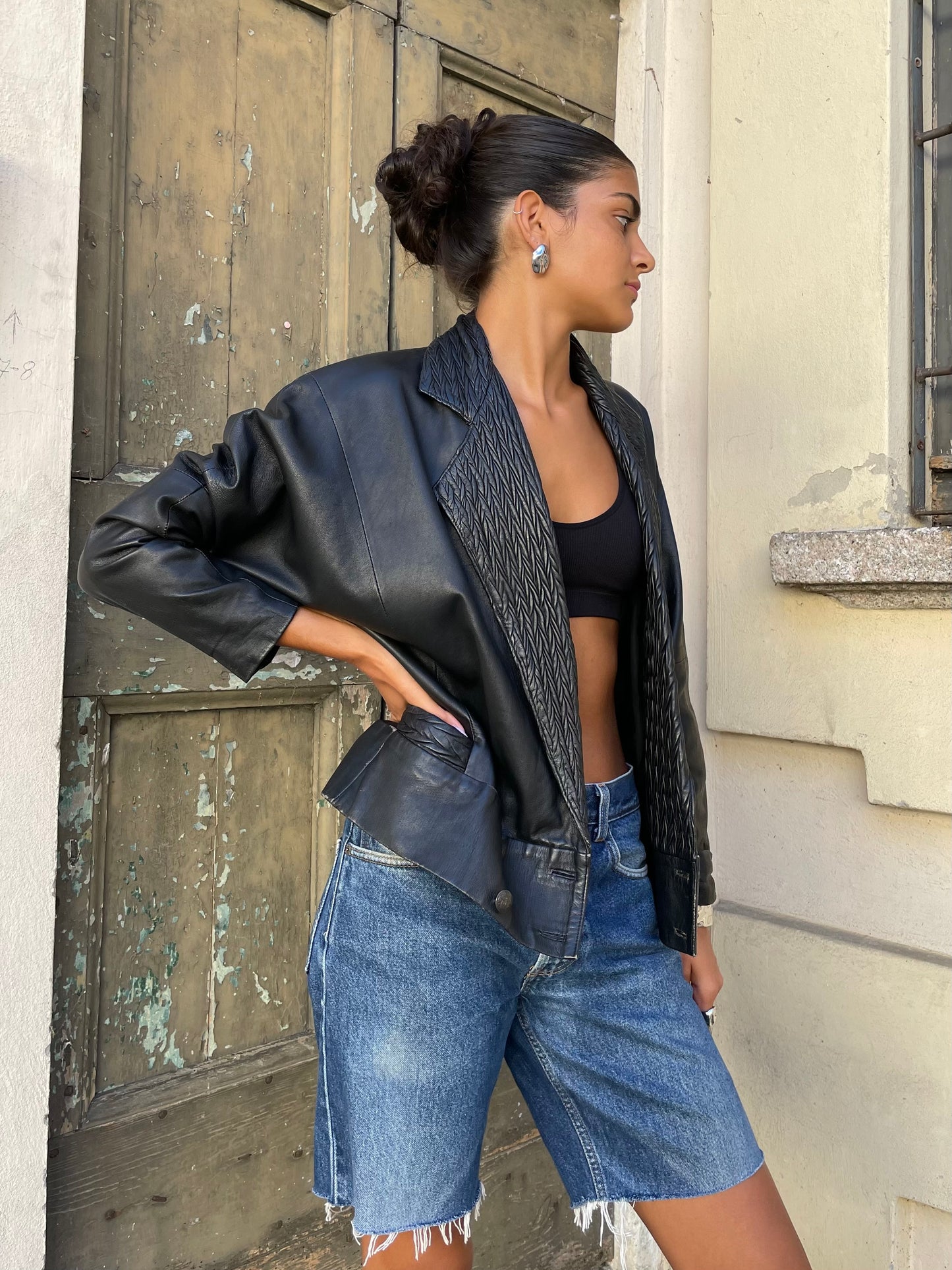 Giacca in nappa nera lavorata, vera pelle, taglia M donna