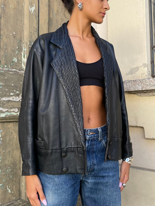 Giacca in nappa nera lavorata, vera pelle, taglia M donna