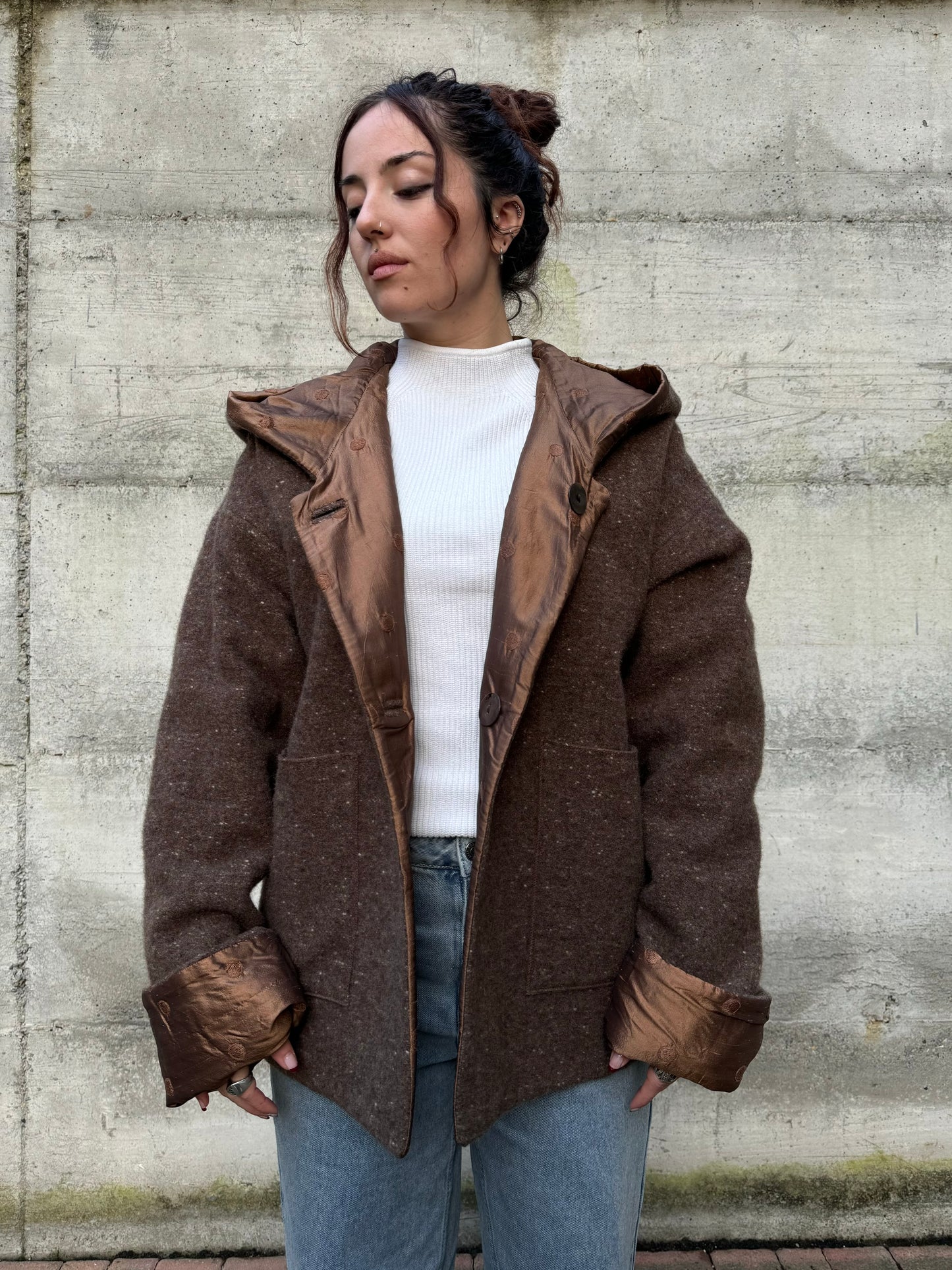 Piumino doubleface con cappuccio, shantung di seta e misto lana/mohair