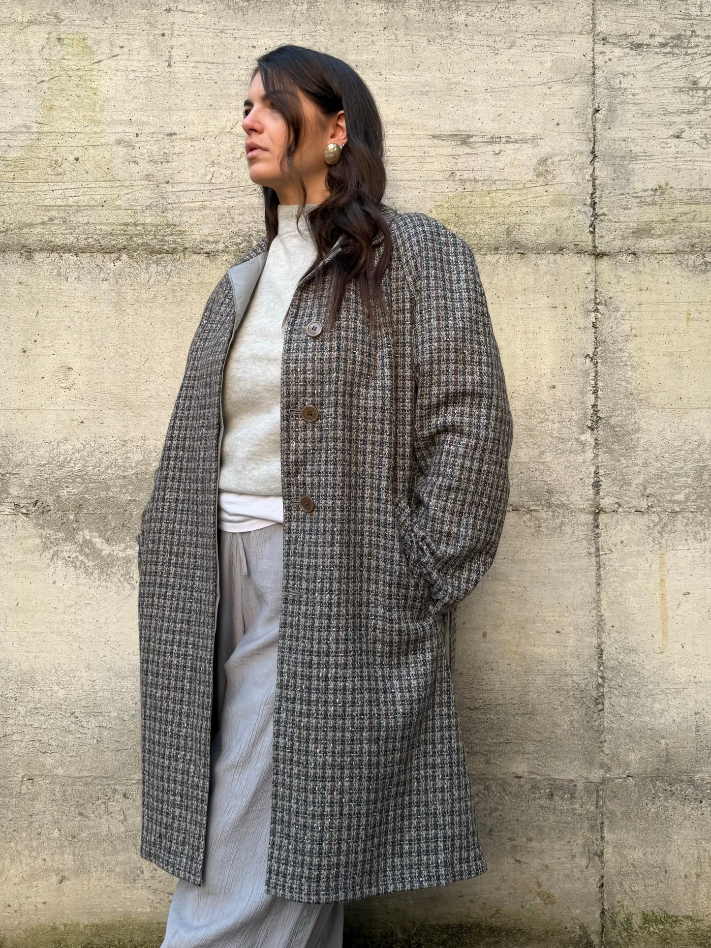 Trenchcoat reversibile monopetto con cintura, lato esterno in lana, lato interno misto cotone