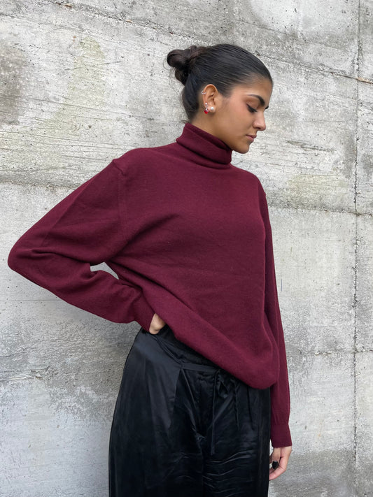 Maglione unisex a collo alto borgogna 100% lana vergine