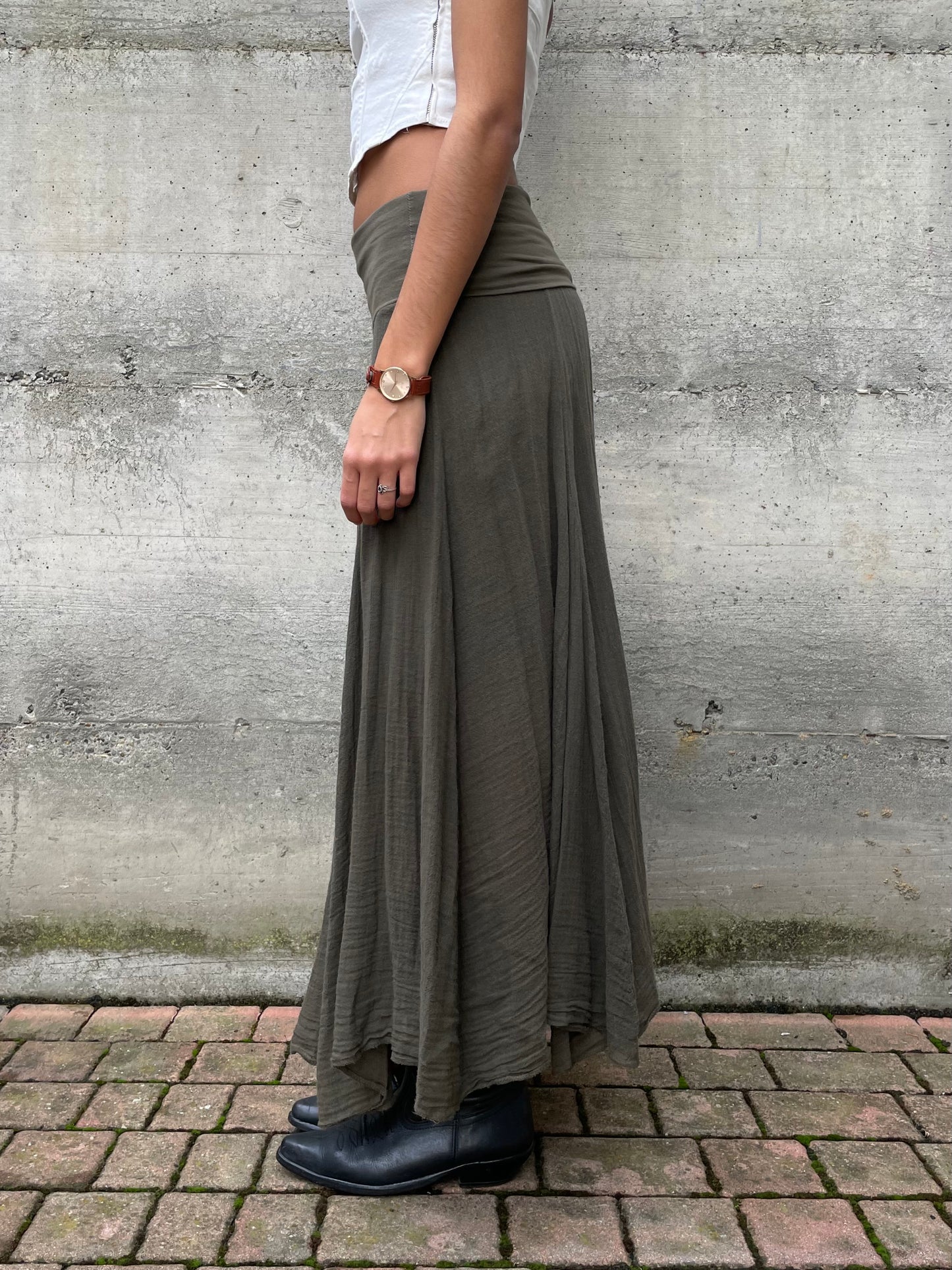 Gonna lunga sartoriale in crepe di cotone, verde oliva - taglia unica