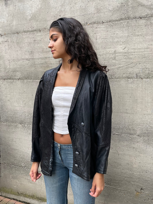 Giacca 80s lavorata in vera pelle nera - taglia M