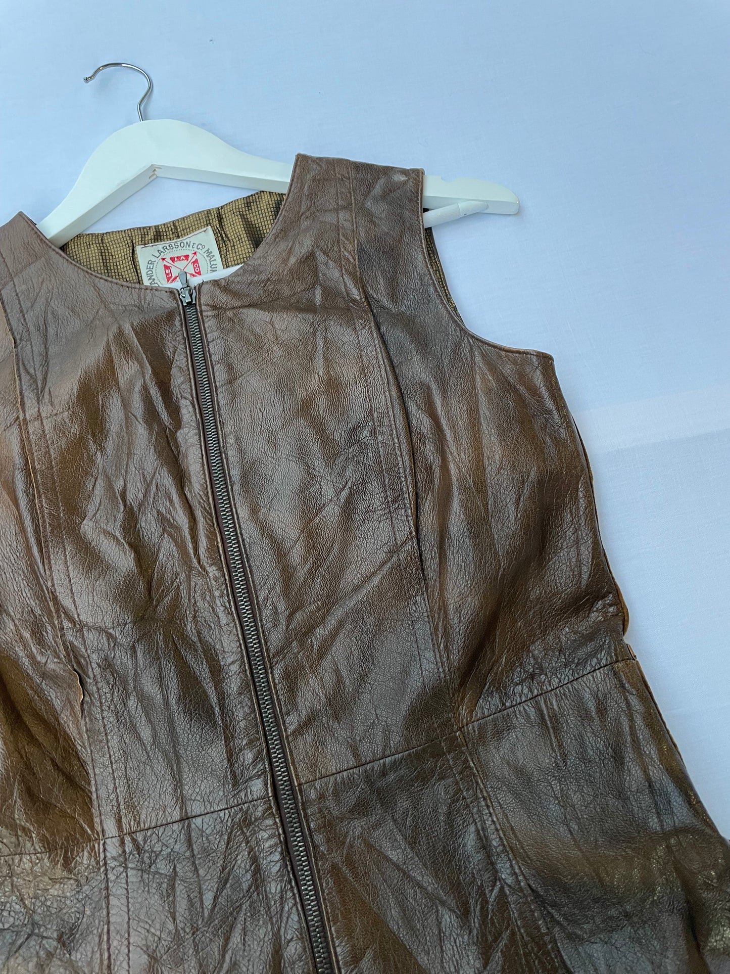 Minidress originale USA smanicato in vera pelle marrone sfumata - taglia S