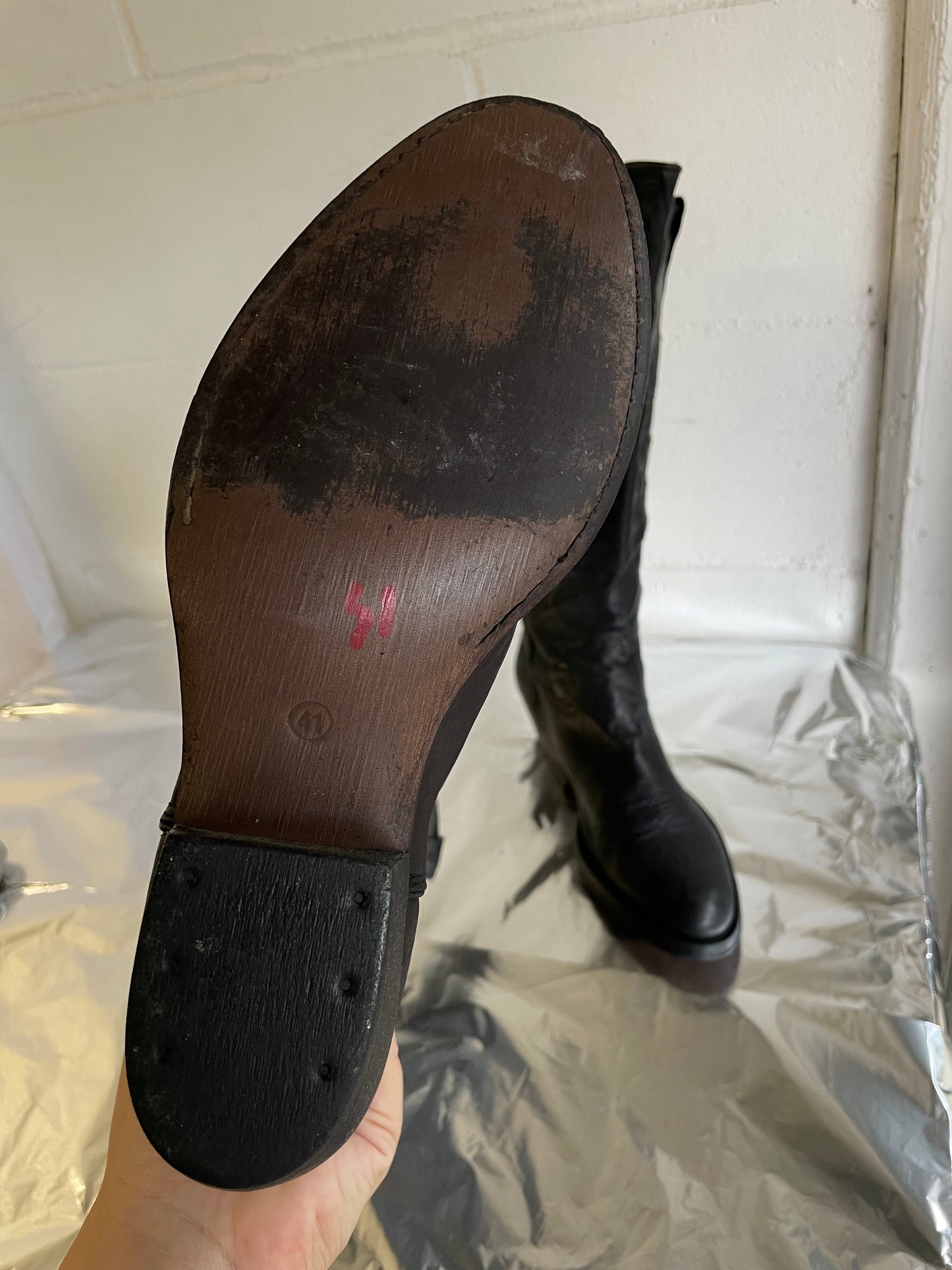 EU 41 - Texano vintage alto, vera pelle, punta arrotondata, tacco basso