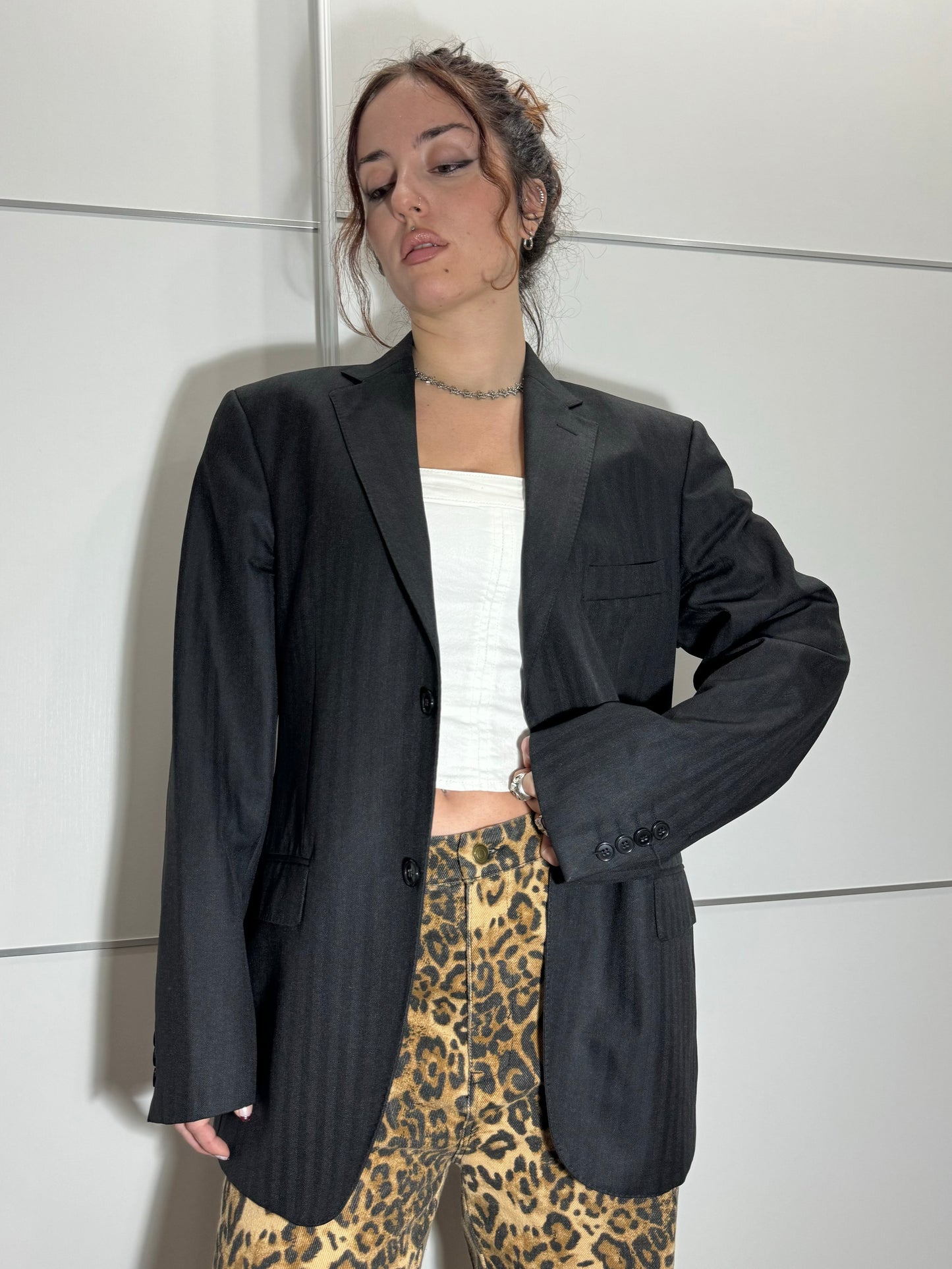 Blazer sartoriale oversize nero gessato, 100% lana