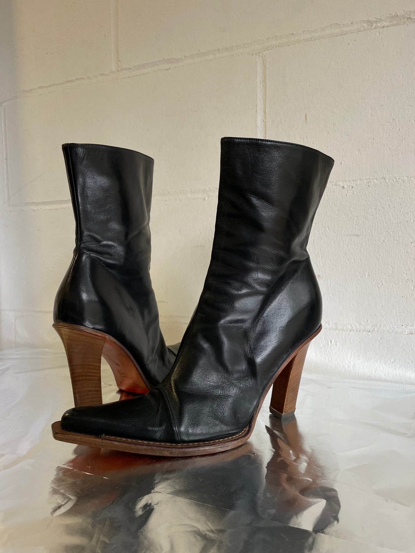 EU 40 - Ankle boots vera pelle neri a punta, tacco grosso 10cm