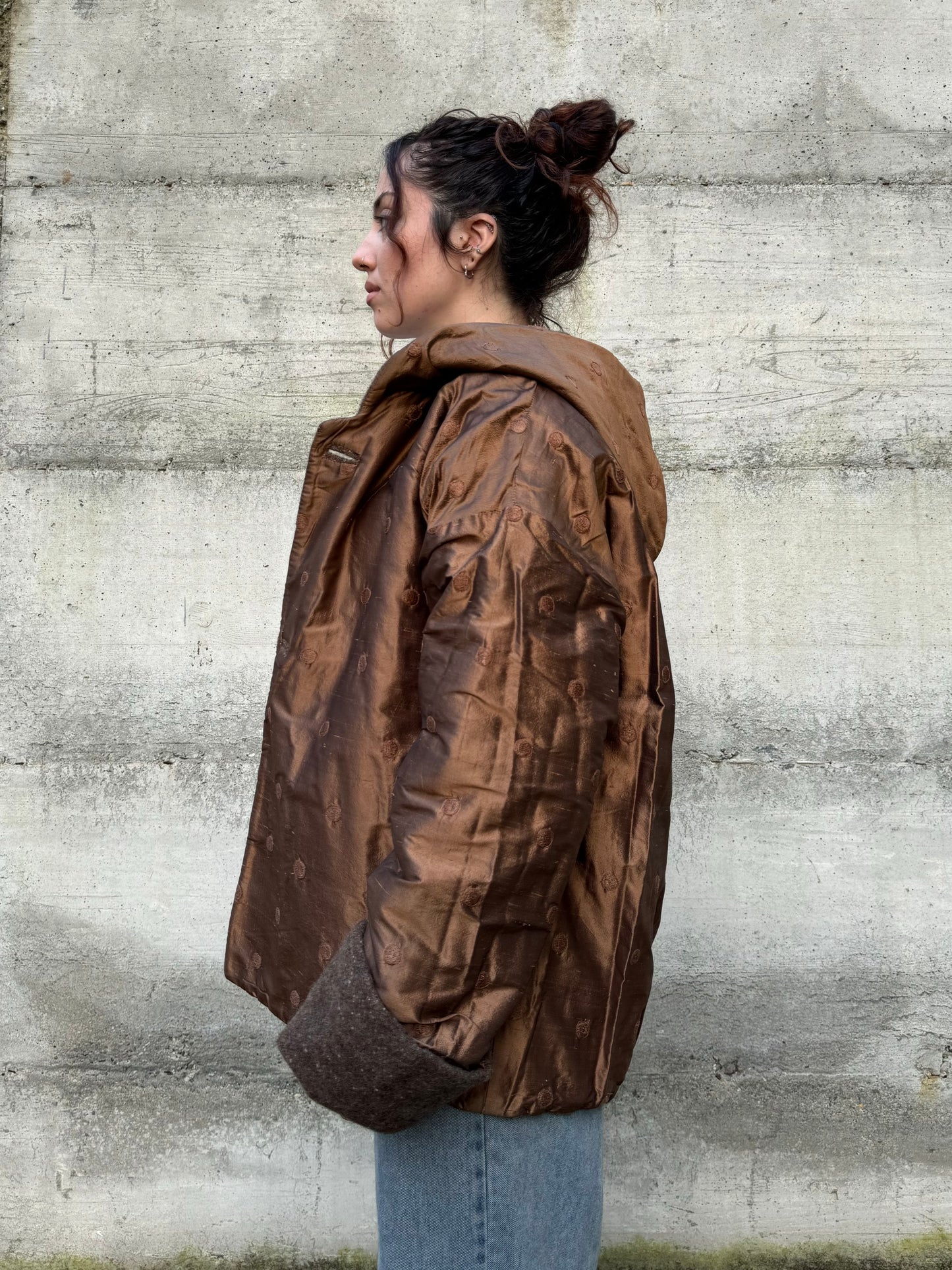 Piumino doubleface con cappuccio, shantung di seta e misto lana/mohair