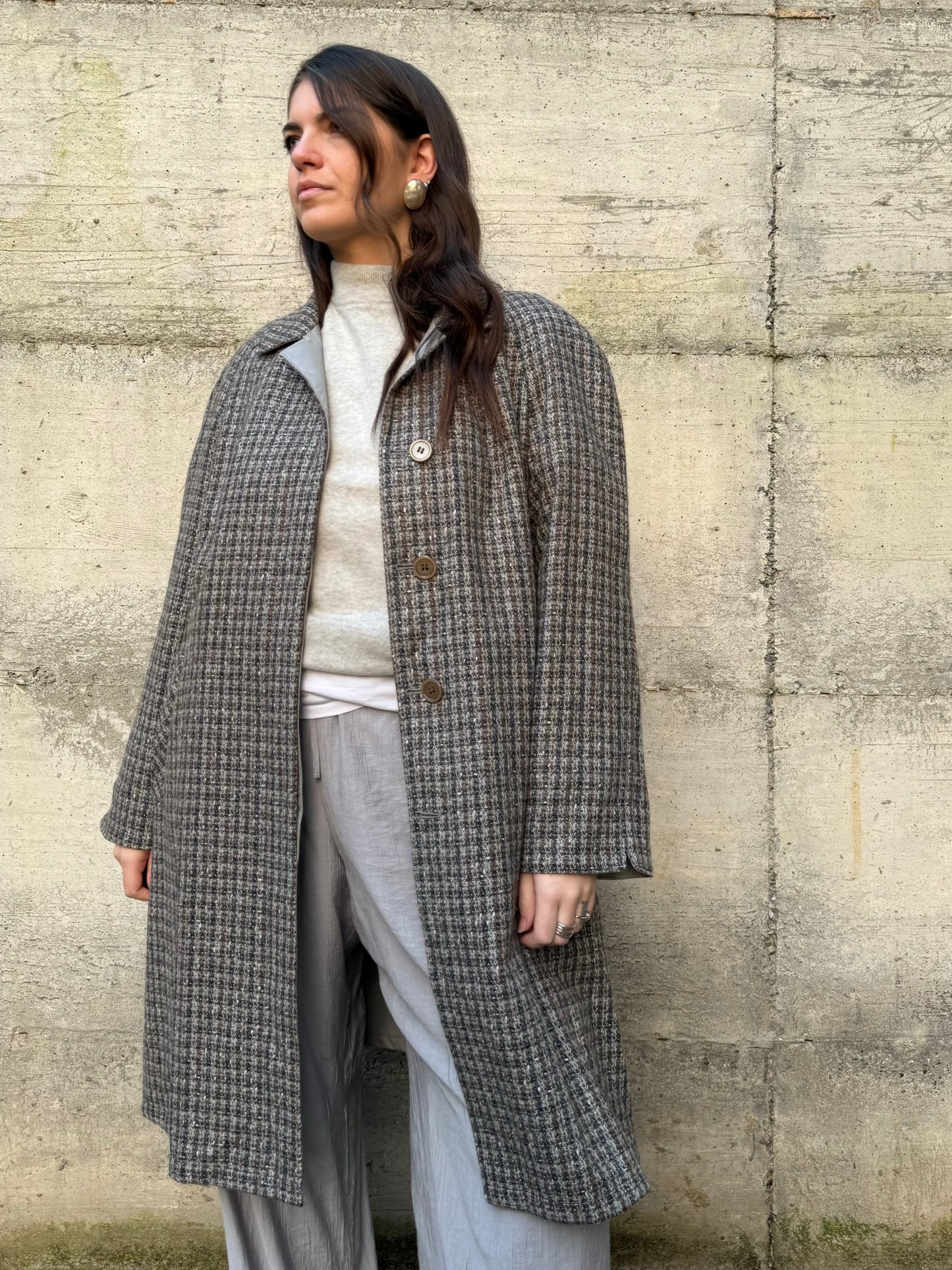 Trenchcoat reversibile monopetto con cintura, lato esterno in lana, lato interno misto cotone