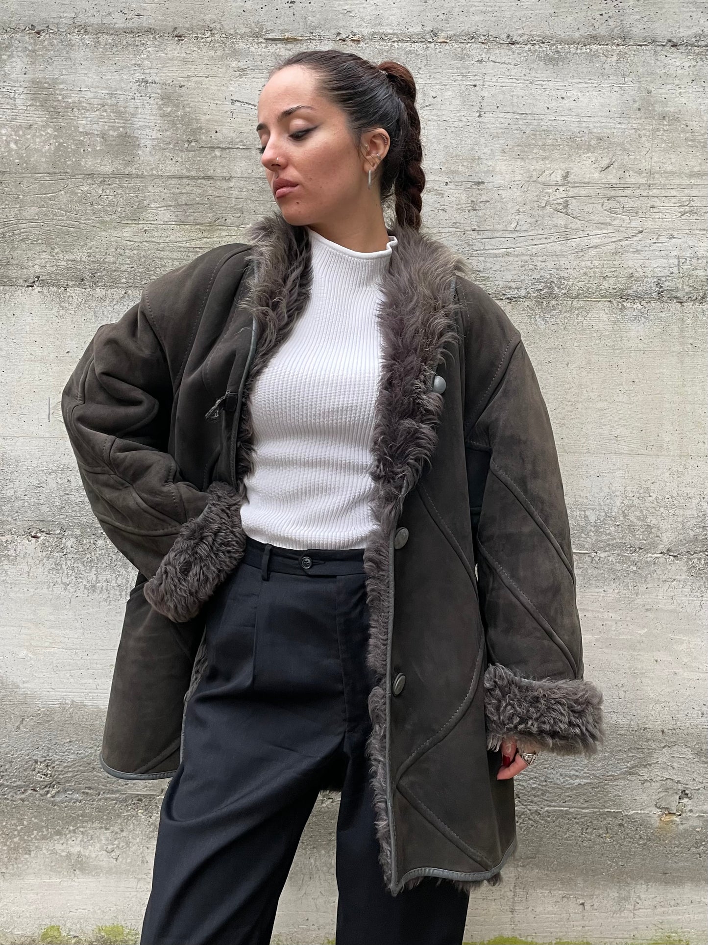 Montone originale Shearling a pelo lungo grigio topo