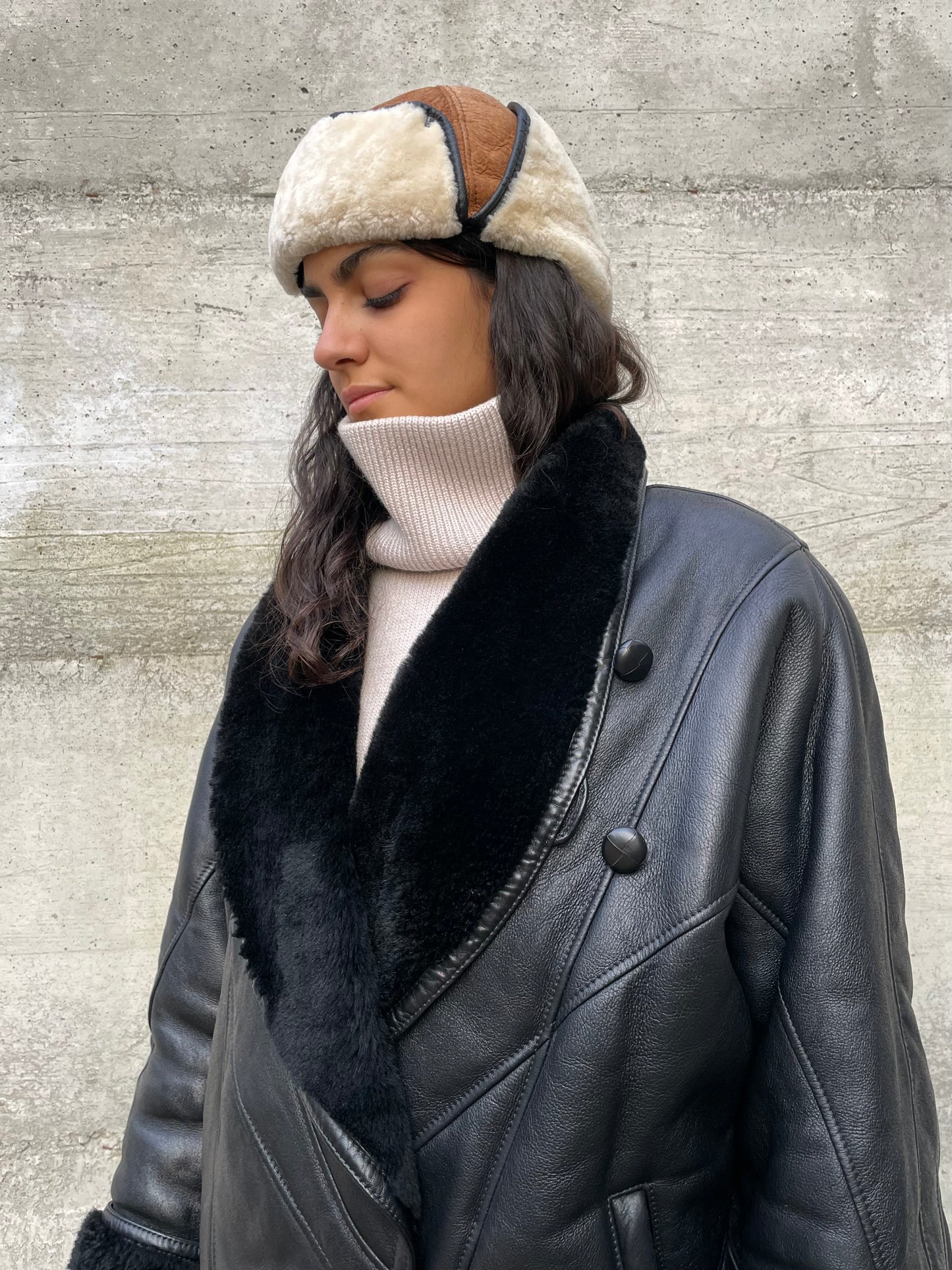 Montone donna originale Shearling 80s, esterno in pelle e interno a pelo raso, in rara taglia piccola