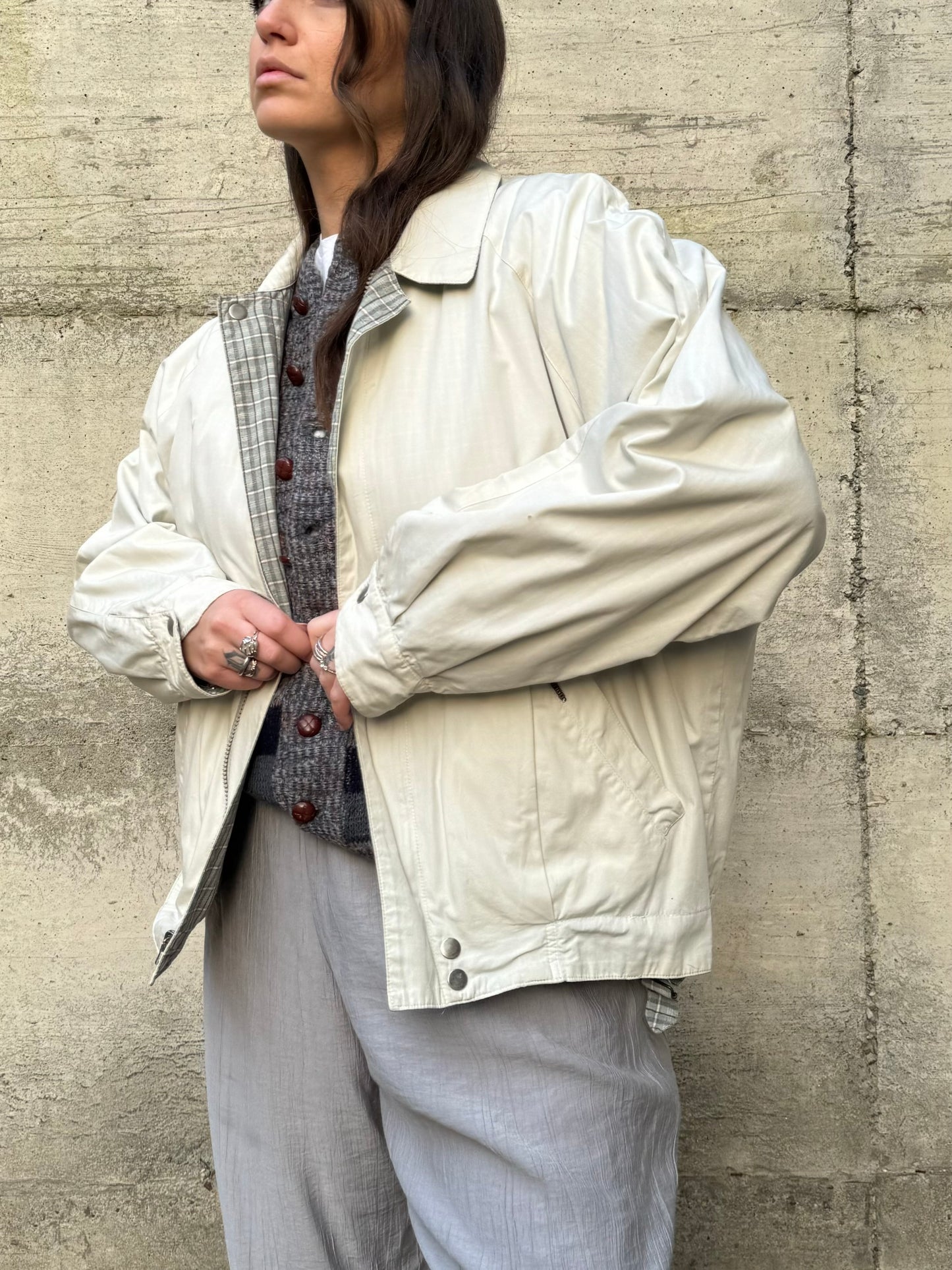 Bomber reversibile ghiaccio in 100% cotone, lato interno tartan sui toni del turchese