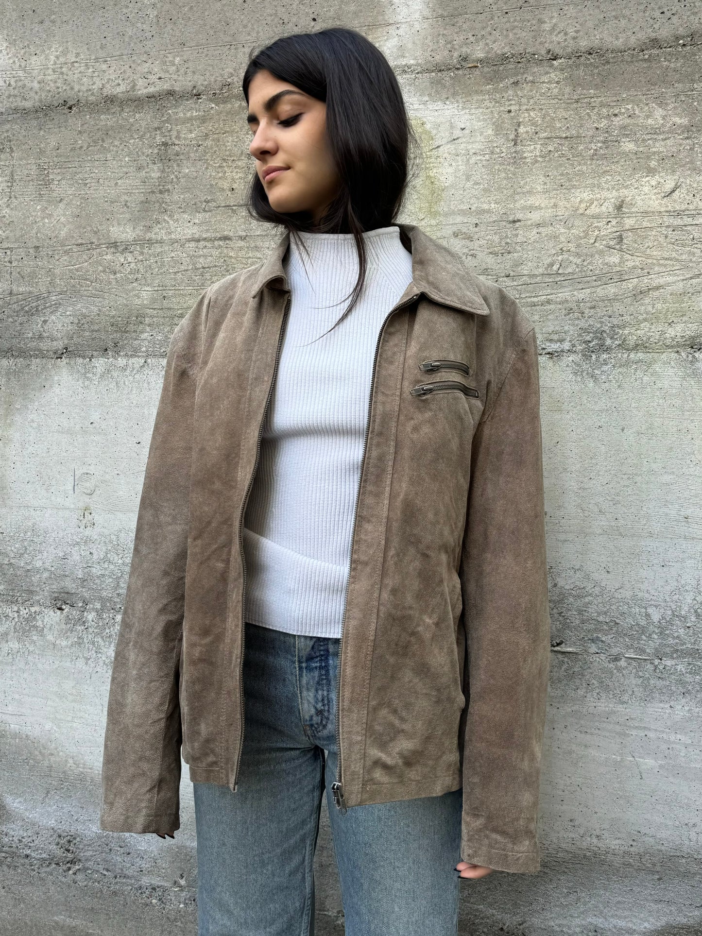 Biker in crosta di nappa beige effetto used