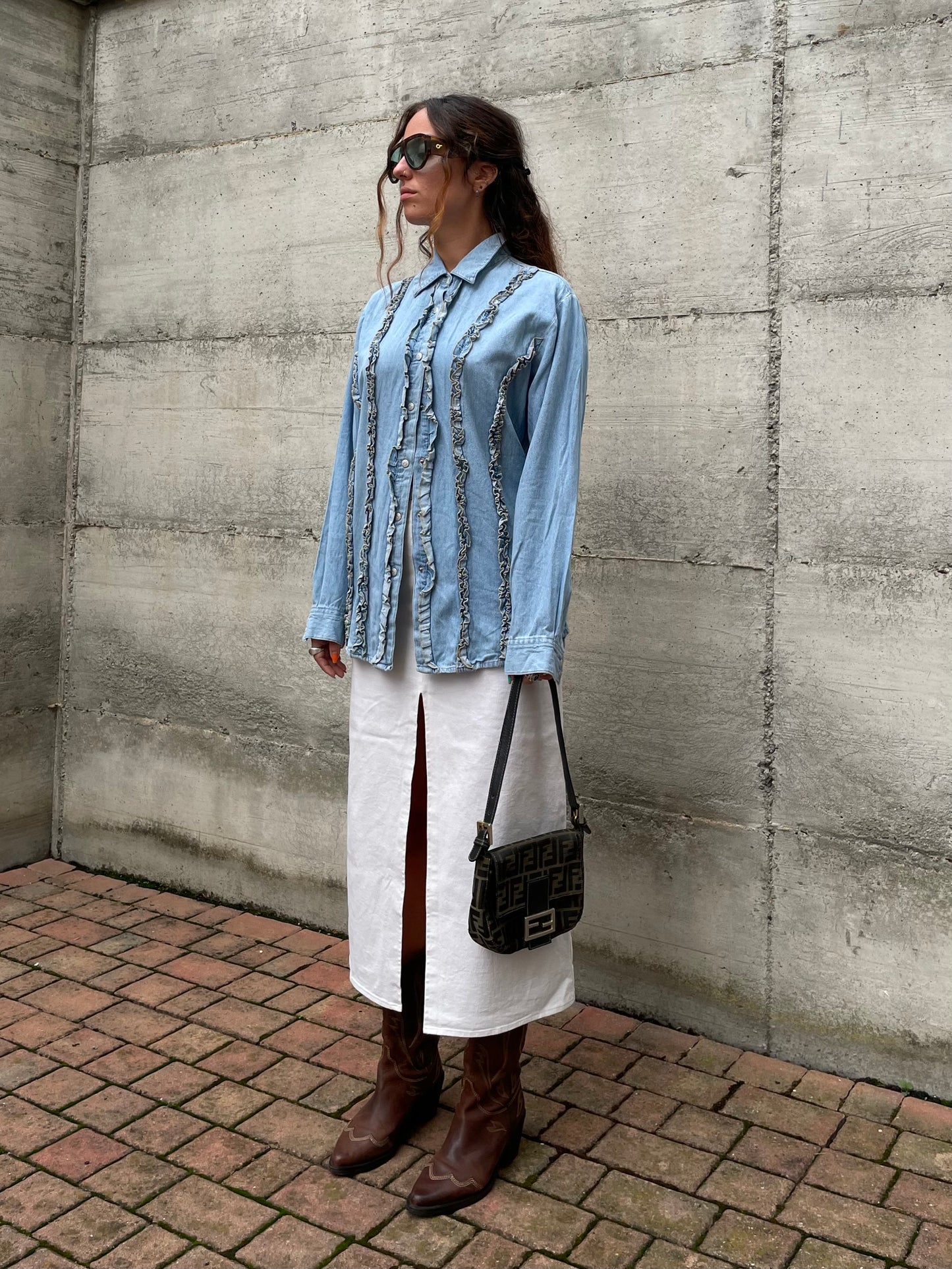 Camicia denim lavaggio chiaro, rouges frontali - taglia M